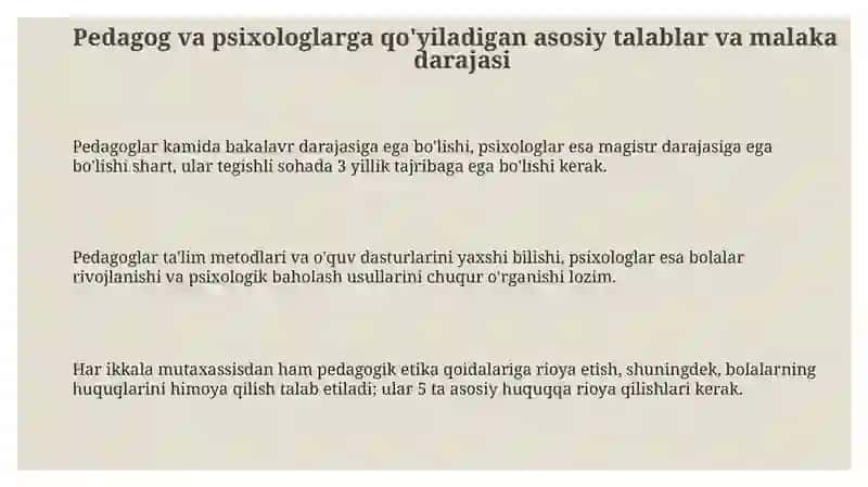 Pedagog va psixologlarning tarbiyachisiga qoʻyiladigan talablar va ish metodlari 3