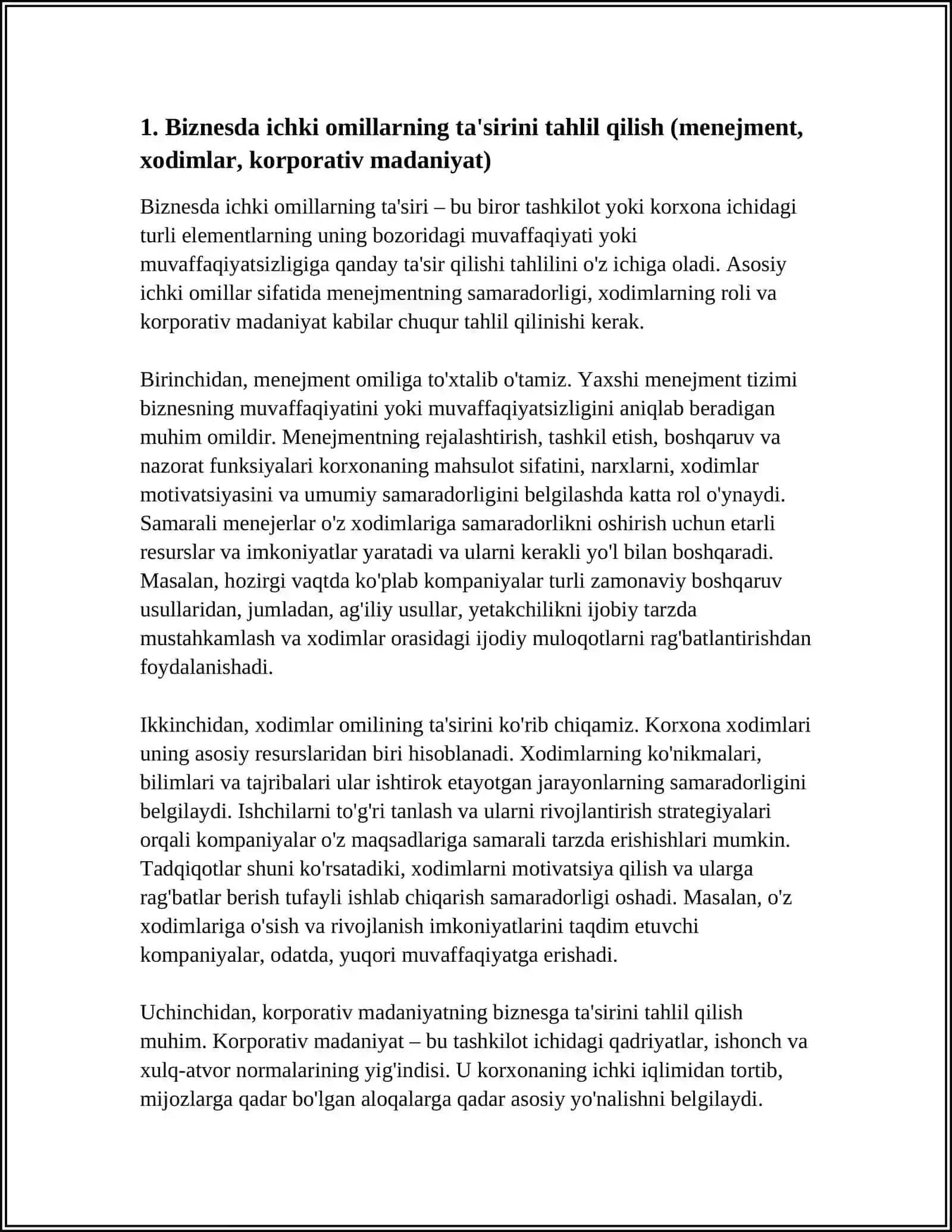 Biznesda ichki omillarning ta'sirini tahlil qilish 3