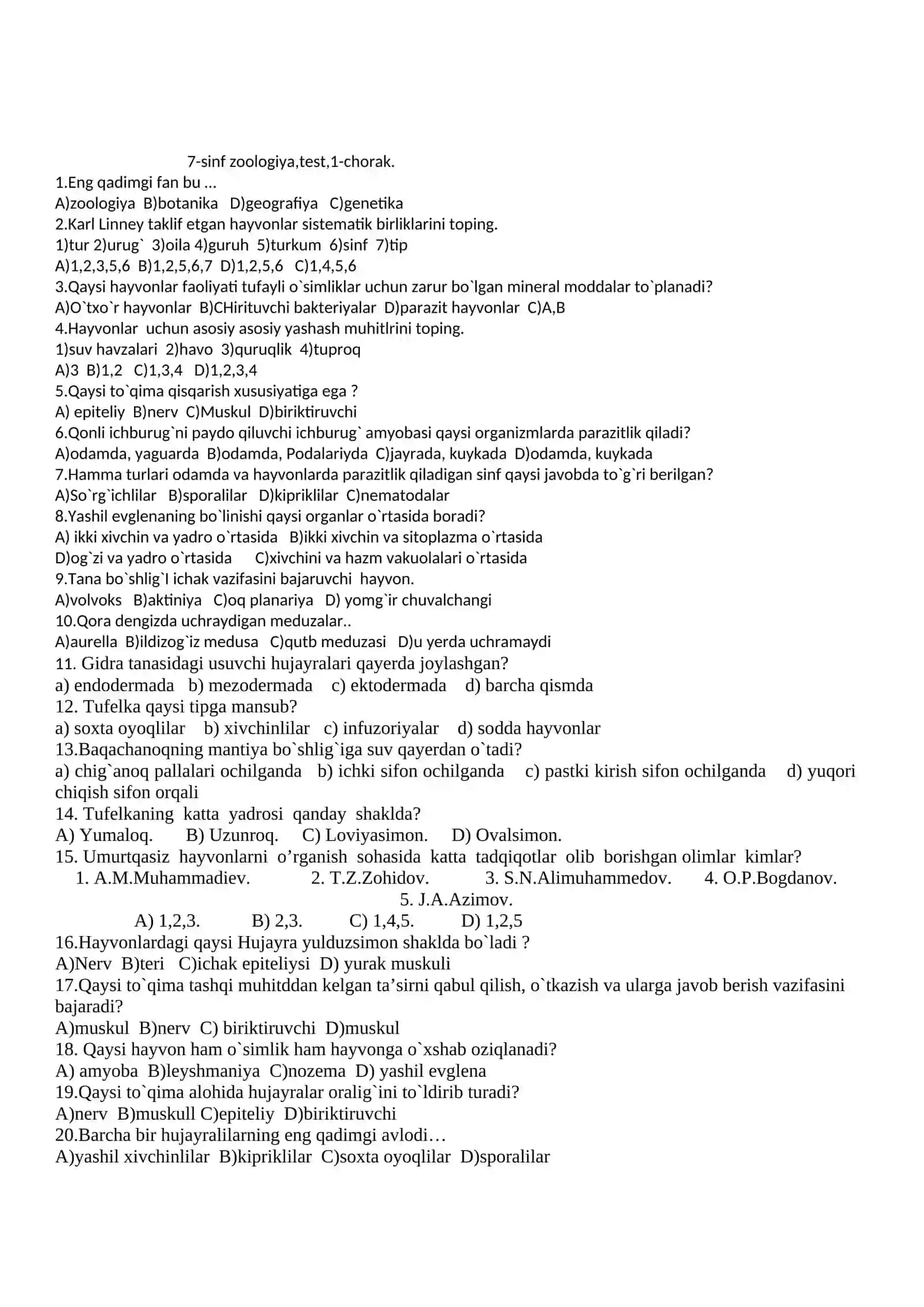 7-sinflar uchun zoologiya fanidan TEST SAVOLLARI 3