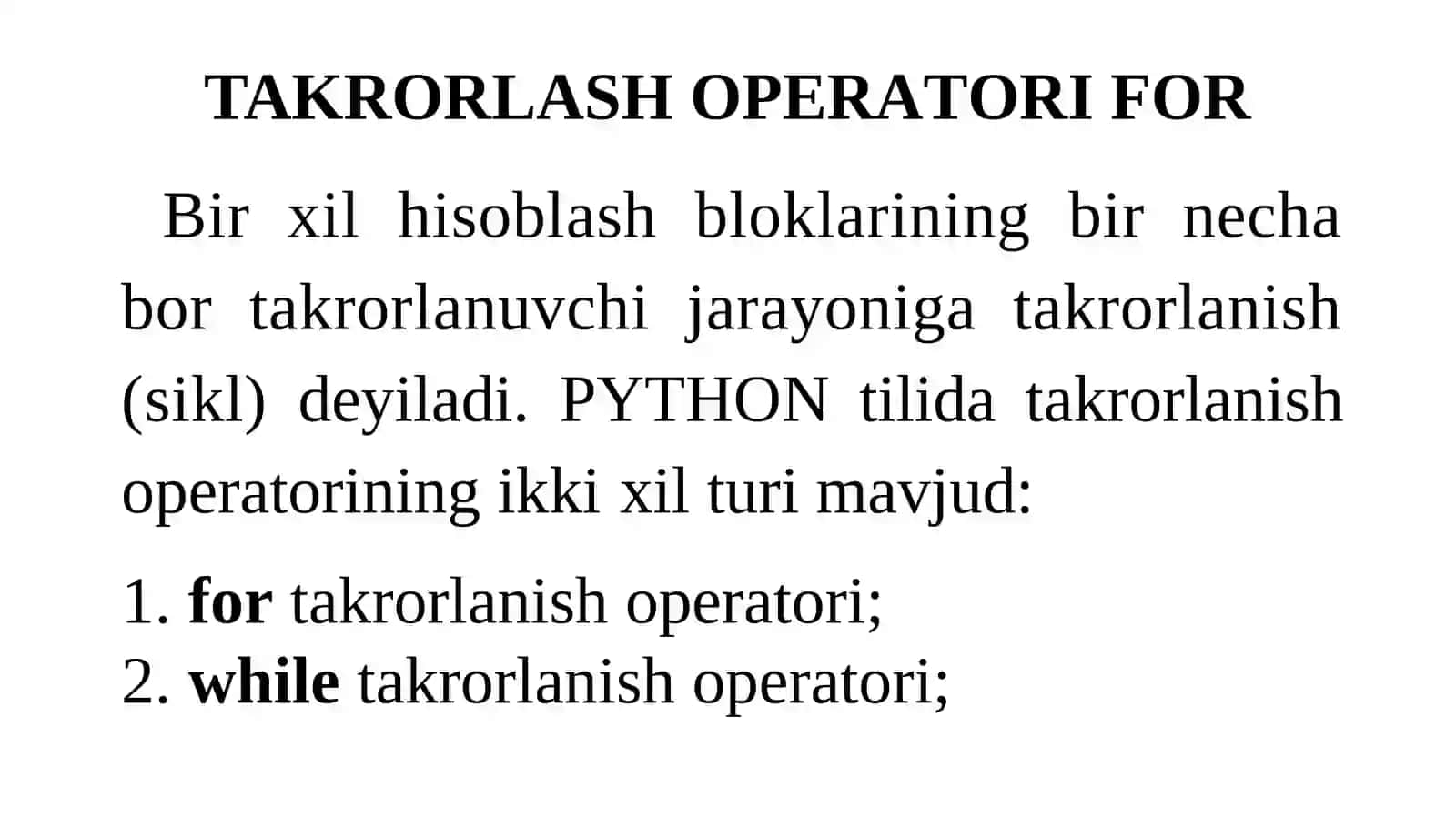 Pythonda for takrorlash operatori 3