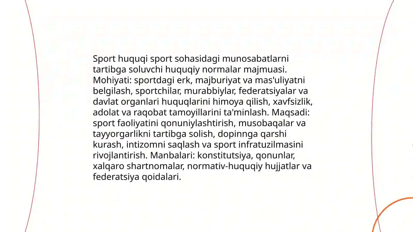 Sport huquqi tushunchasi, shakllanishi, manbalari va tizimi 3