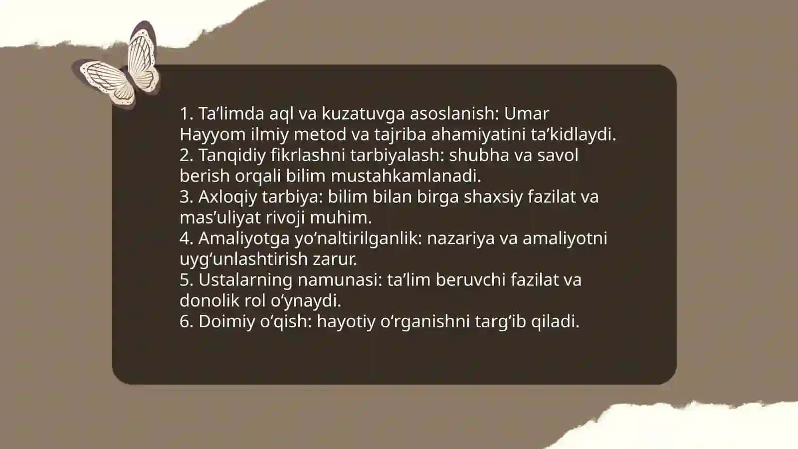 Umar Hayyomning taʼlim tarbiyaga oid fikrlari Amir Temur oʻgʻitlarining tarbiyaviy ahamiyati 3