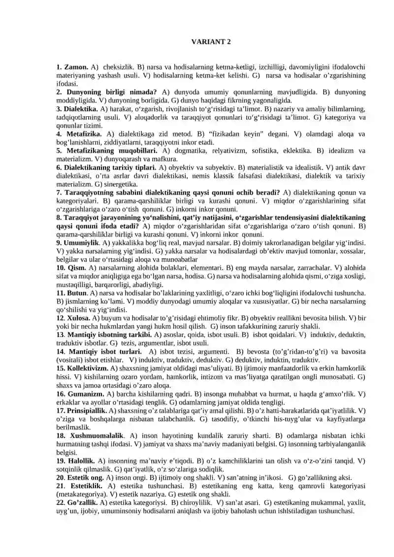 FALSAFA FANIDAN YAKUNIY NAZORAT (TEST) SAVOLLARI 3