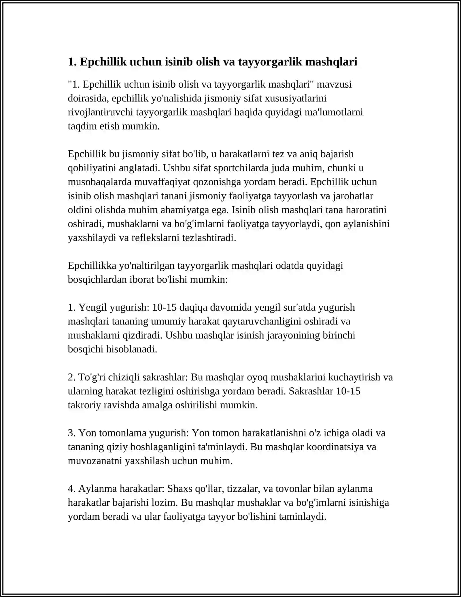 EPCHILLIK YOʻNALISHIDA JISMONIY SIFAT XUSUSIYATLARINI RIVOJLANTIRUVCHI JISMONIY MASHQLAR 3