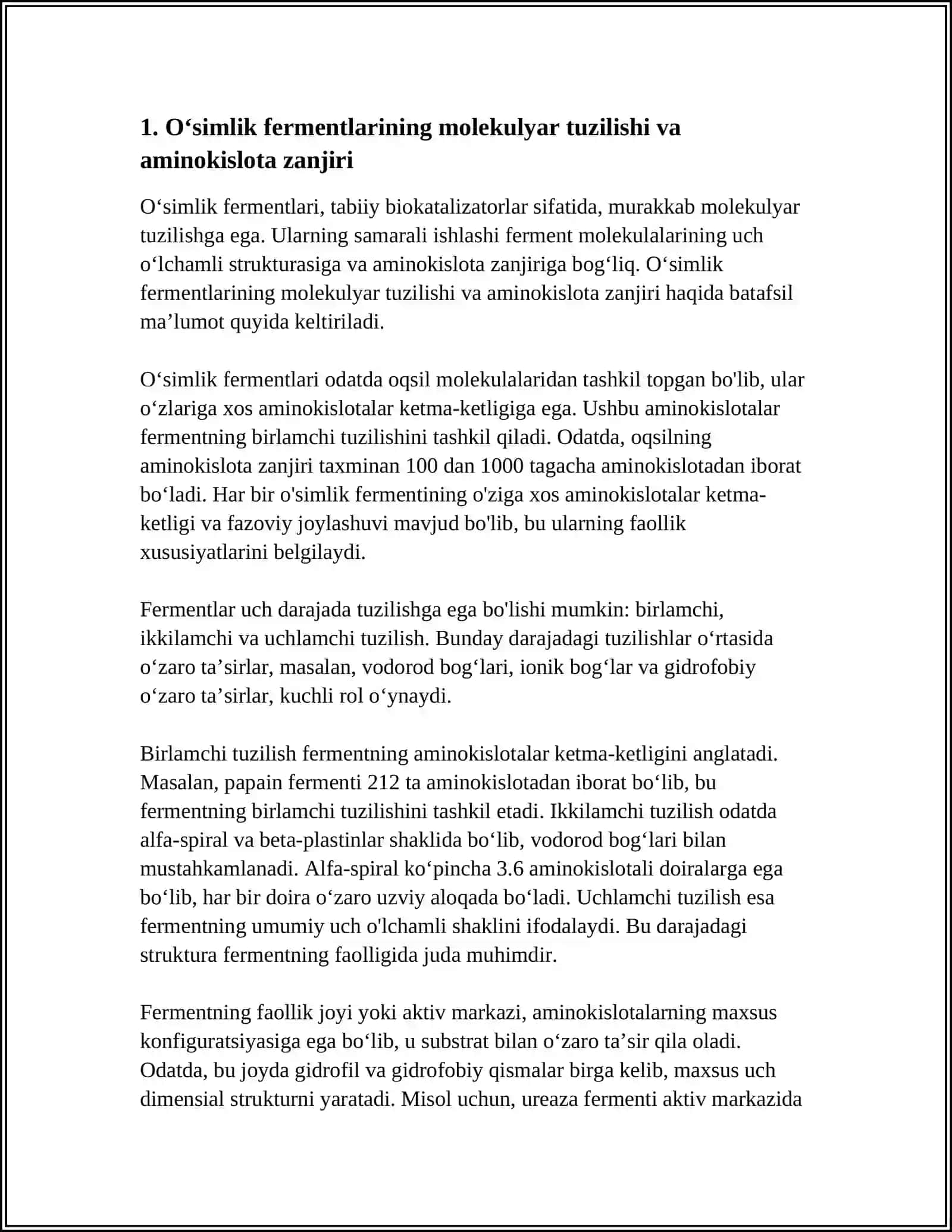 OʻSIMLIK FERMENTLARINING TUZILISHI VA SPESIFIKLIGI. ALLOSTERIK FERMENTLAR 3