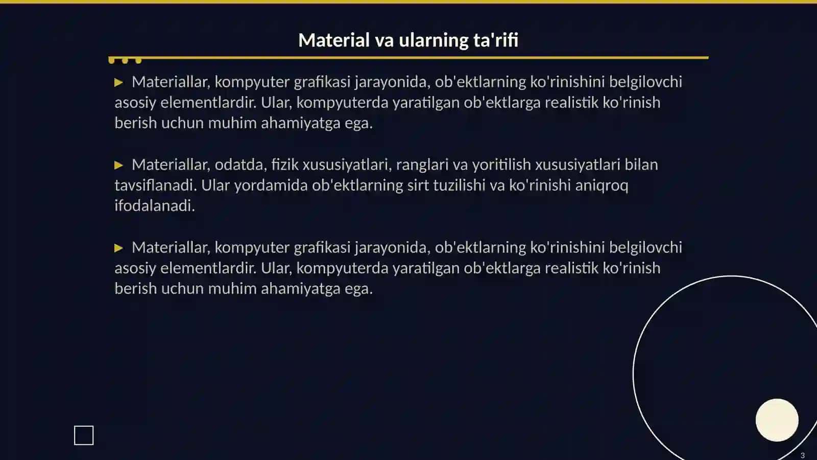 Material va teksturalar yordamida realistik yaratish kampyuter grafikasi fanidan 3