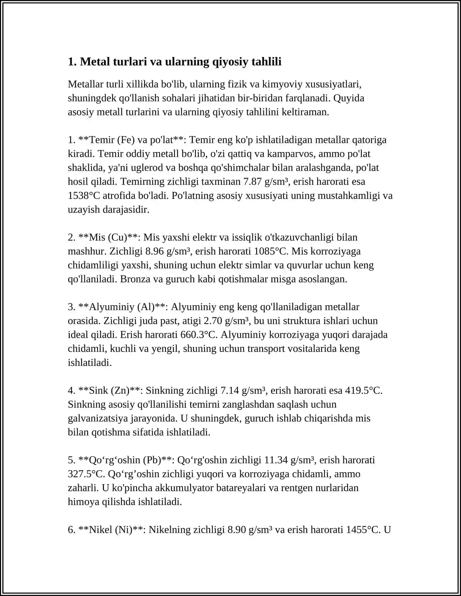 MUSTAQIL ISH Mavzu: METALLAR TURLARI 3