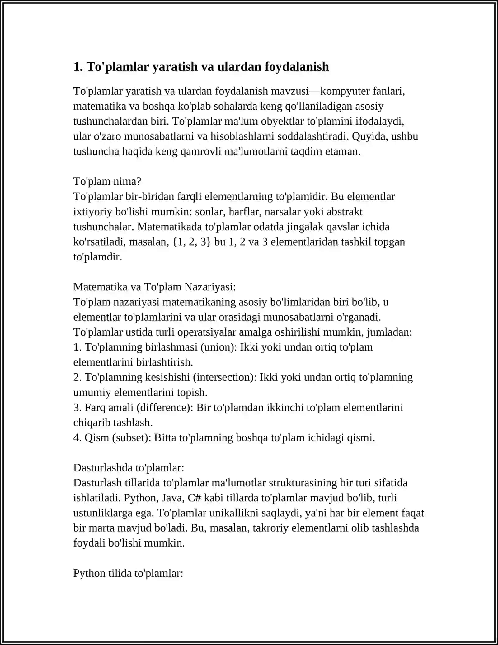 PYTHON DASTURLASH TILIDA TÒPLAMLAR BILAN ISHLASH 3