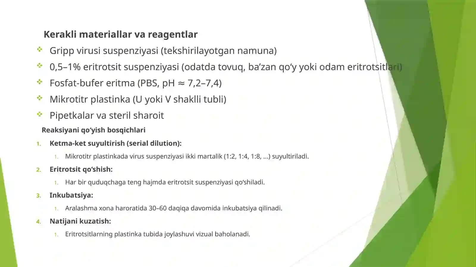 Gripp kasalligida gemagglyutinasiya va gemagglyutinasiyani tormozlash reaksiyalarini qoyish va natij 3
