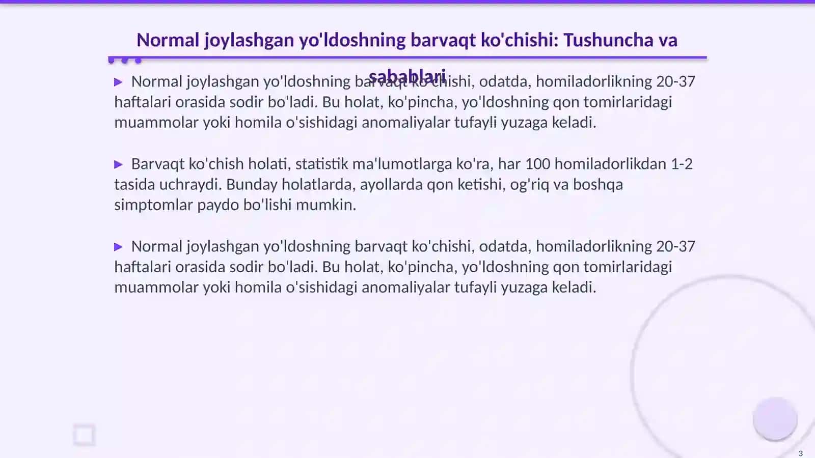 Normal joylashgan yo'ldoshning barvaqt ko'chishida hamshiralik taktikasi va shoshilinch yordam 3