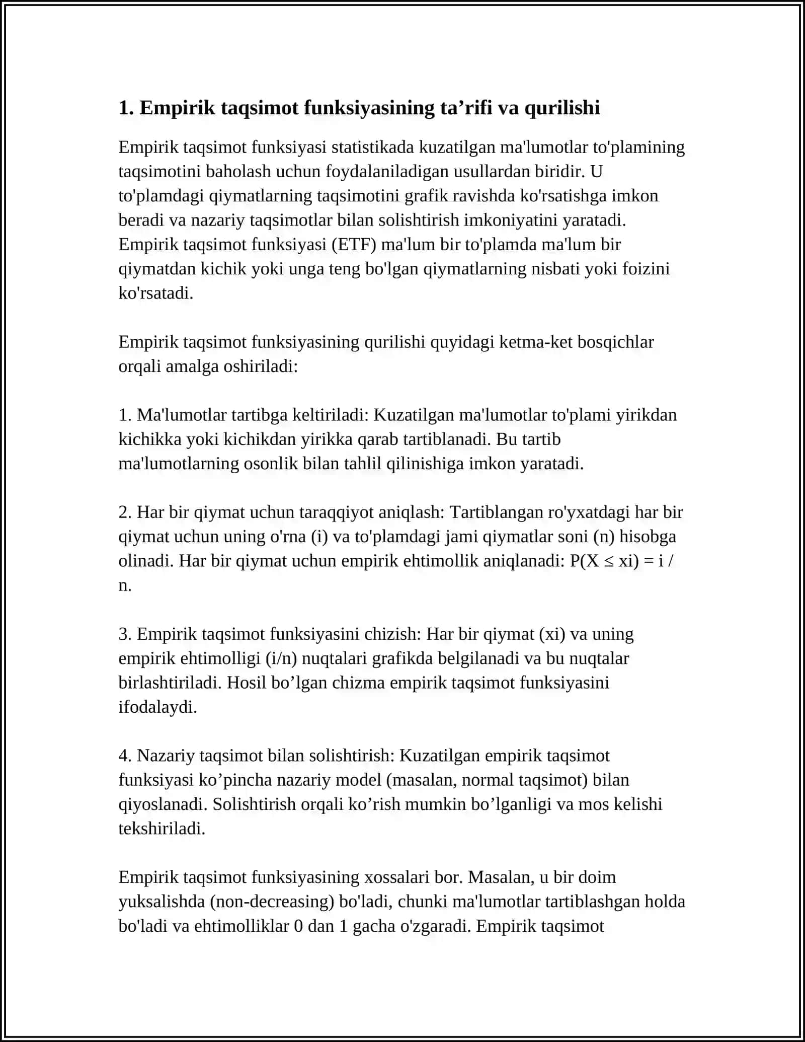 EMPTRIK TAQSIMOT FUNKSIYA VA UNING XOSSALARI. EMPTRIK KOʻRSATKICHLAR VA ULARNI HISOBLASH 3
