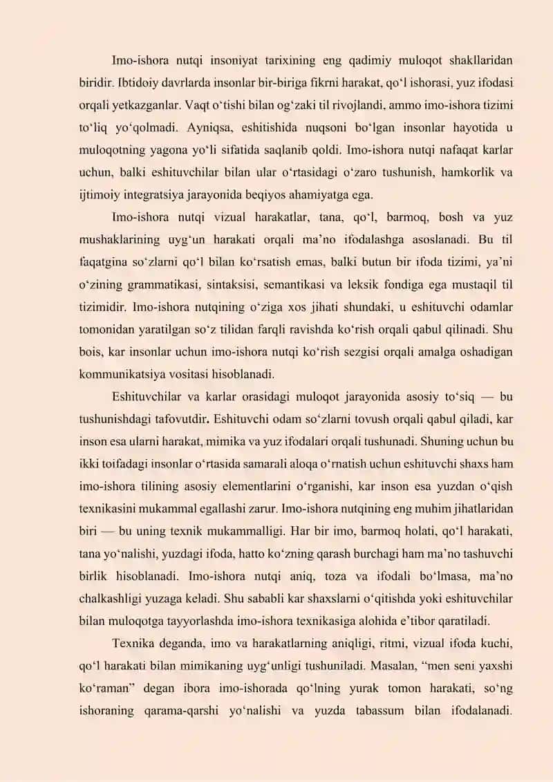 Eshituvchilar va karlar orasida muloqot vositasi sifatida imo-ishora nutqi va uning texnikasi, yuzdan o‘qiy olish imkoniyatining tutgan o‘rni 3