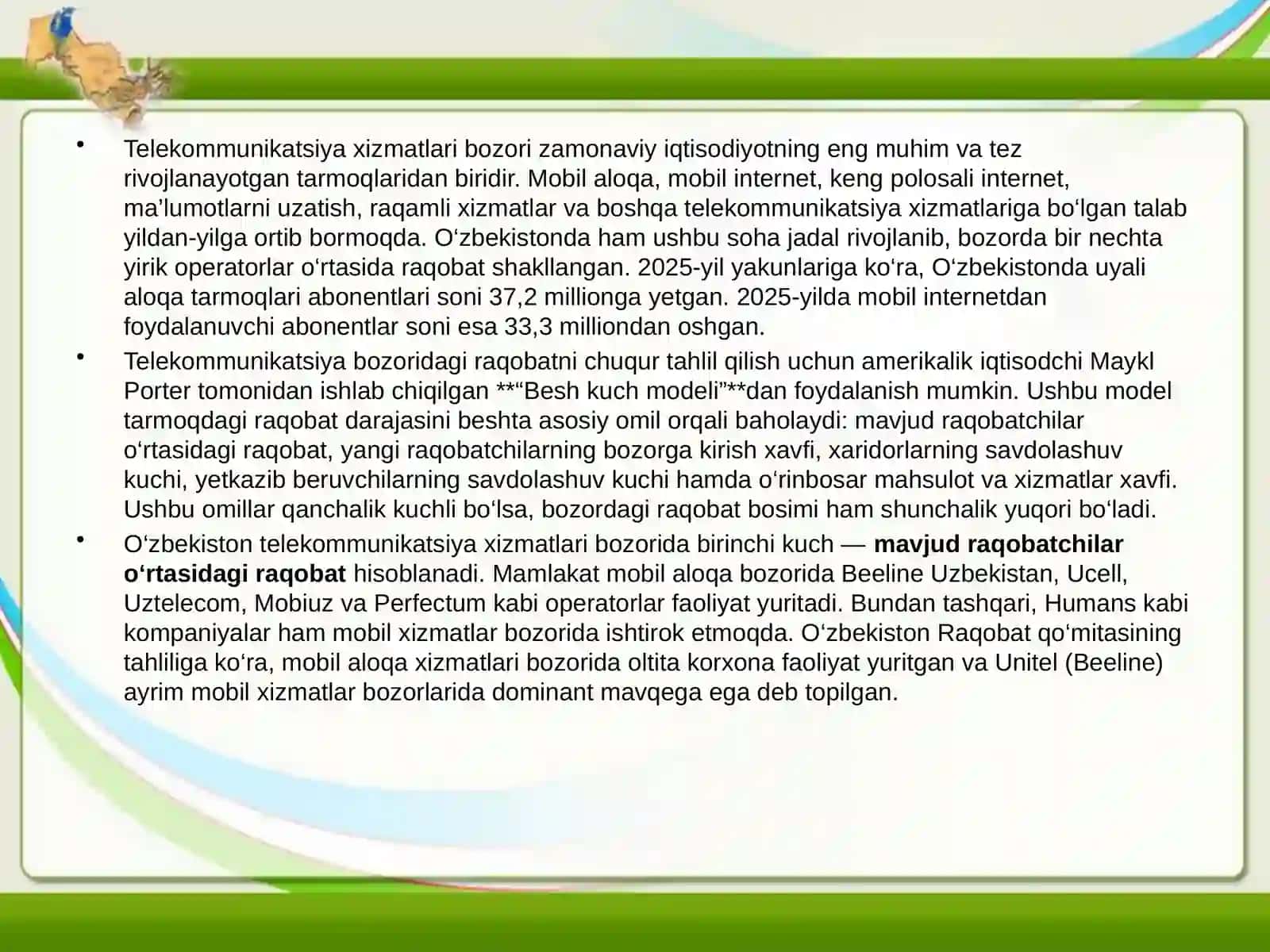 O'ZBEKISTON TELEKOMMUNIKATSIYA XIZMATLARI BOZORIDA RAQOBAT INTENSIVLIGI PORTERNING BESH KUCH MODELI 3