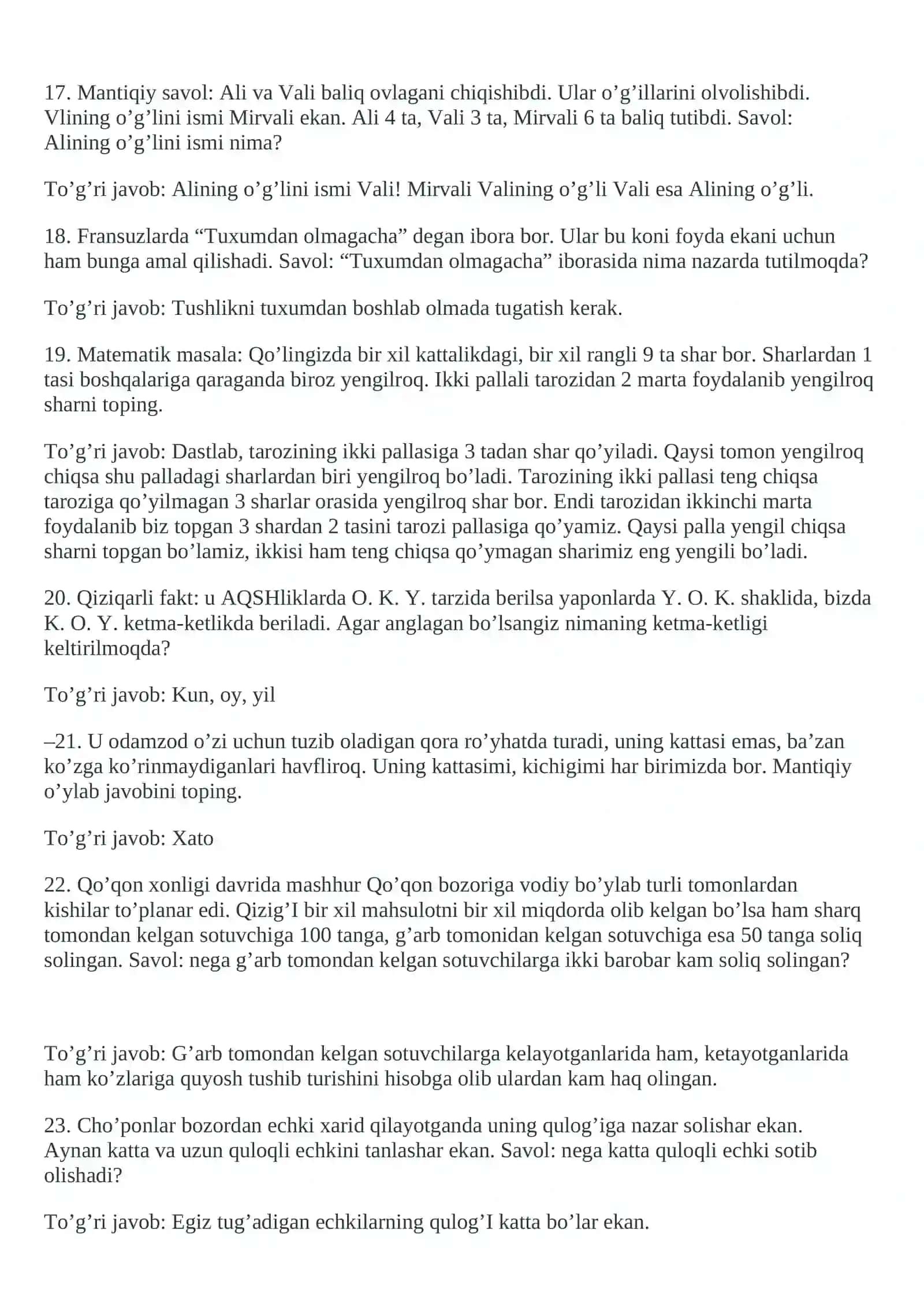 Mantiqiy savollar 202 ta javoblari bilan 3