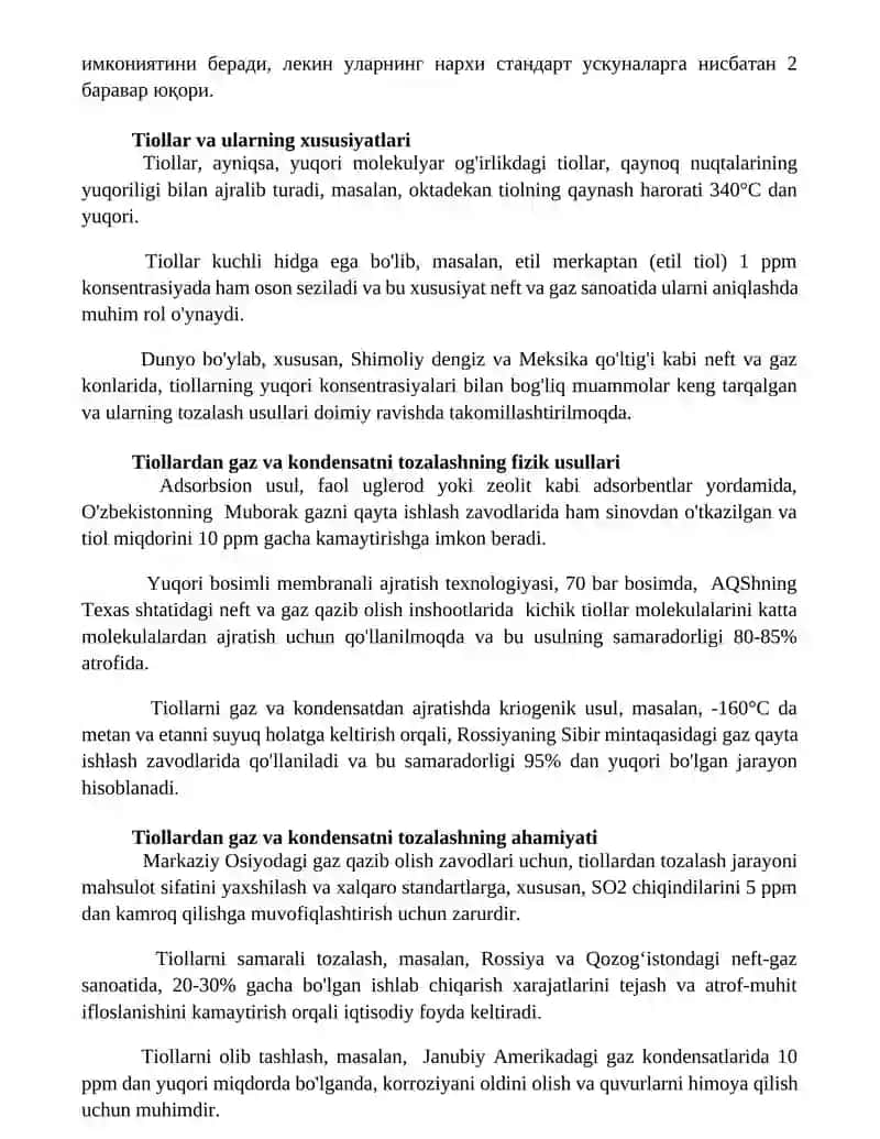 Gaz va kondensatlarni tiollardan tozalash 3