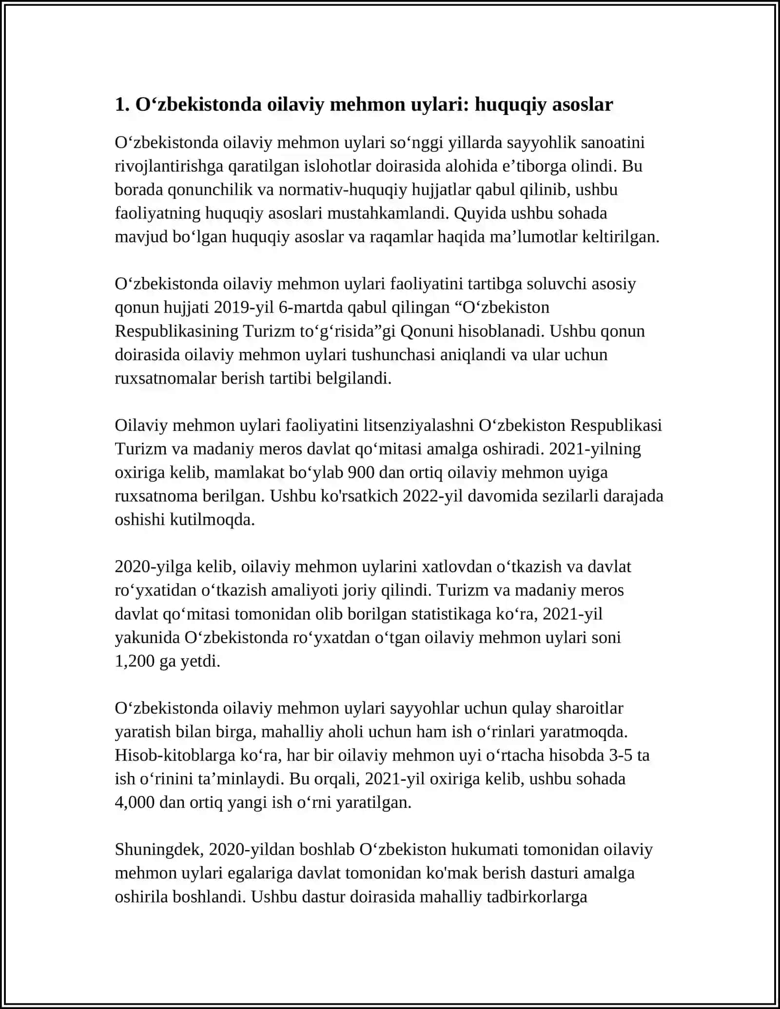 O'ZBEKISTON RESPUBLIKASIDA OILAVIY MEHMON UYLARNI TASHKIL ETISH 3