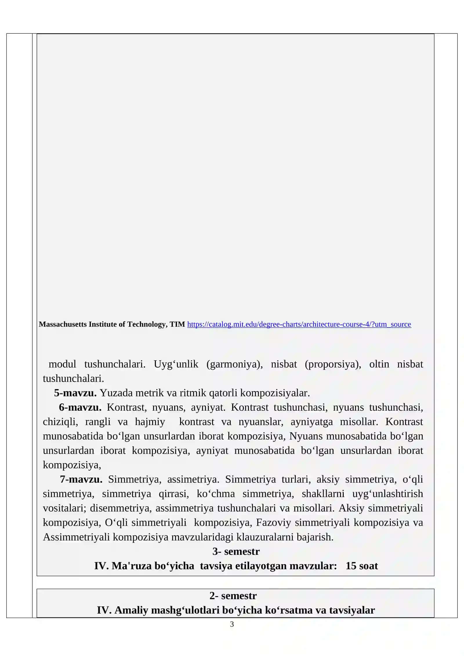 “ARXITEKTURAVIY KOMPOZITSIYA ASOSLARI” fanining  O‘QUV DASTURI 3