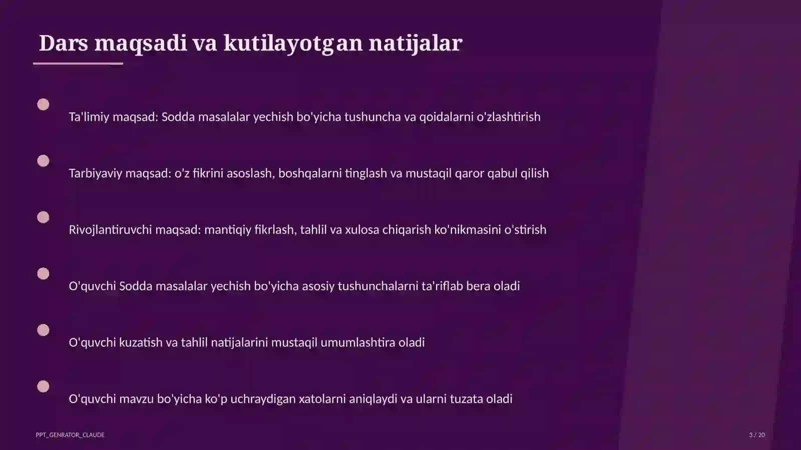 Boshlang'ich sinf: Matematika (1-4) — takrorlash darsi 3