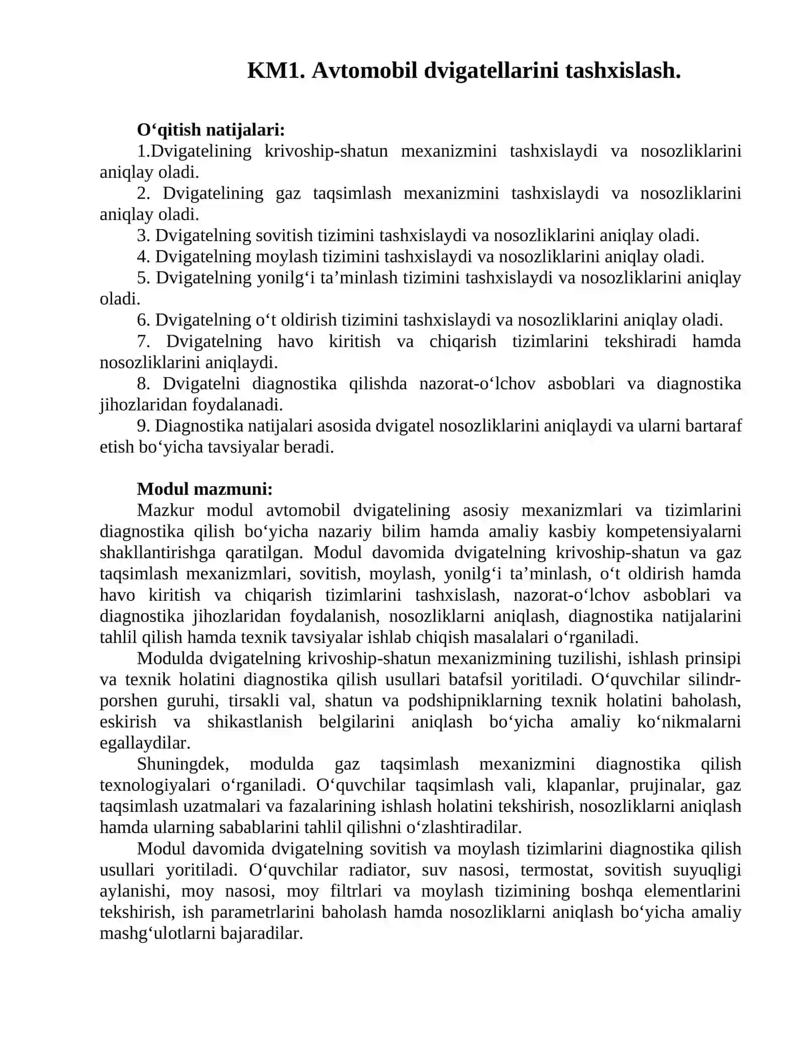 KM1. Avtomobil dvigatellarini tashxislash  MODULI  ISHCHI  DASTURI 3