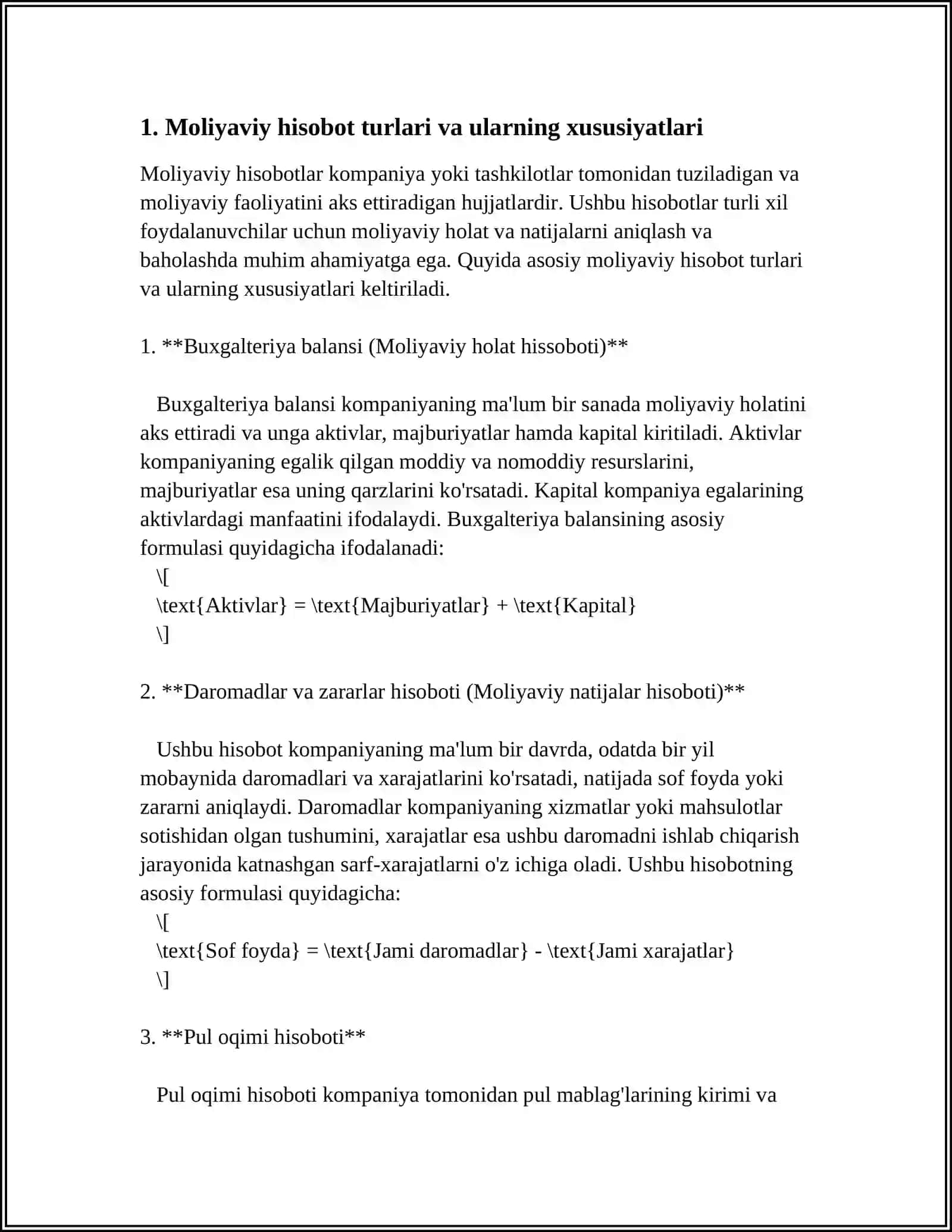 MAVZU: 1.MOLIYAVIY HISOB FANINING USULLARI.BOZOR IQTISODIYOTIGA O'TISHDA MOLIYAVIY HISOB FANINI ISLOH QILISH BOSQICHLAR 2.BUXGALTERIYA BALANSINING TUZILISHI VA UNING MAZMUNI HAMDA AHAMIYATI.BALANS MODDALARI.BALANSNI O'QISH TARTIBI 3