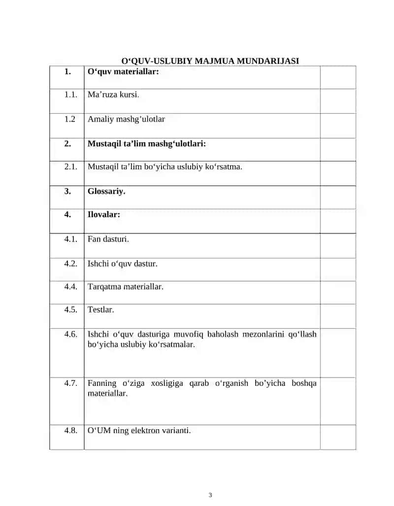 Fanning ishchi o’quv dasturi O’zbekiston Respublikasi Oliy va o’rta maxsus ta’lim vazirligi tomonidan 2020 yil “14”08.dagi 418- sonli buyrug’i bilan tasdiqlangan “Texnologiya ta’limi metodikasi” fani dasturi asosida tayyorlangan 3