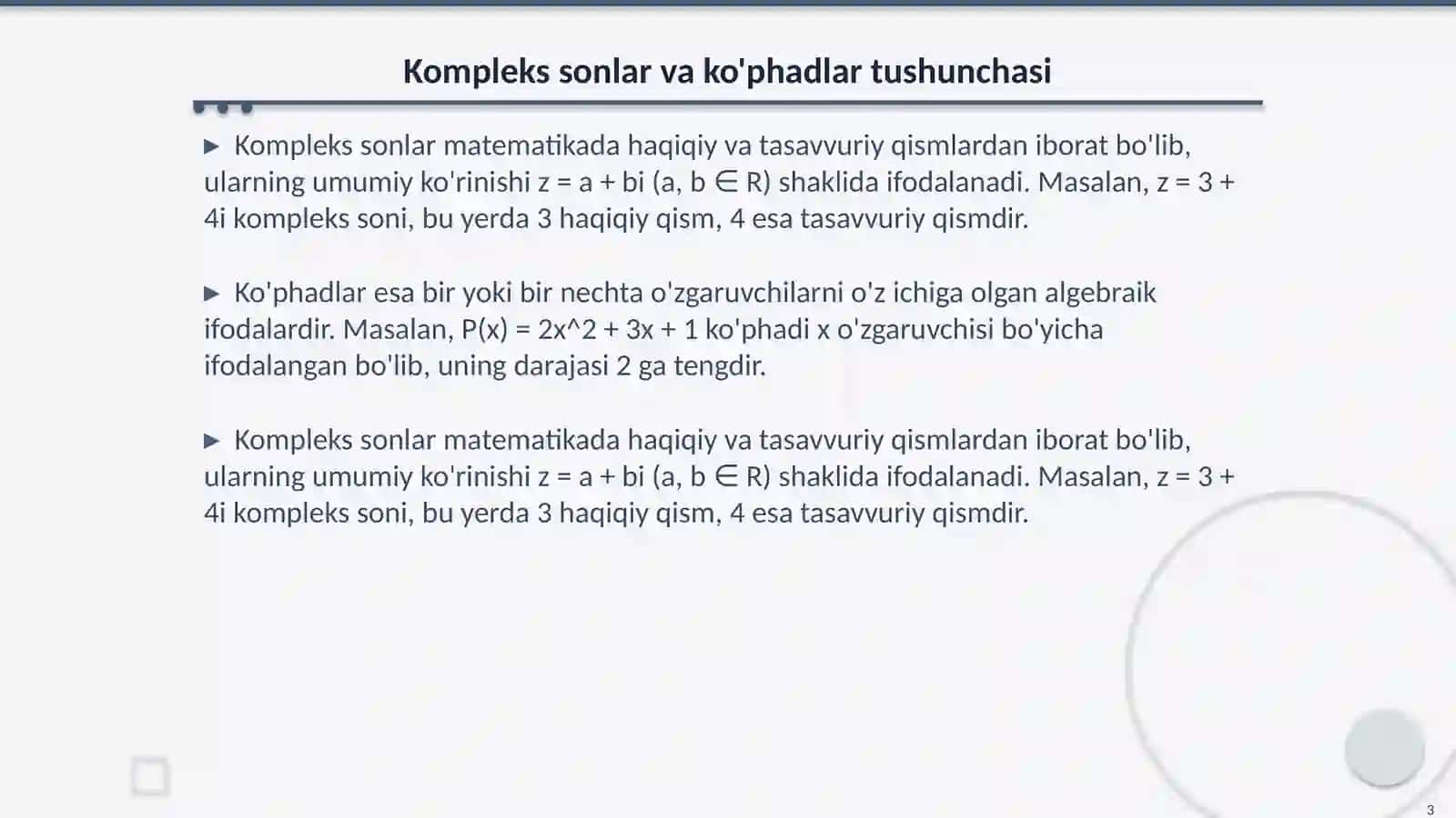 Kompleks sonlar va ko'phadlar tushunchasi 3