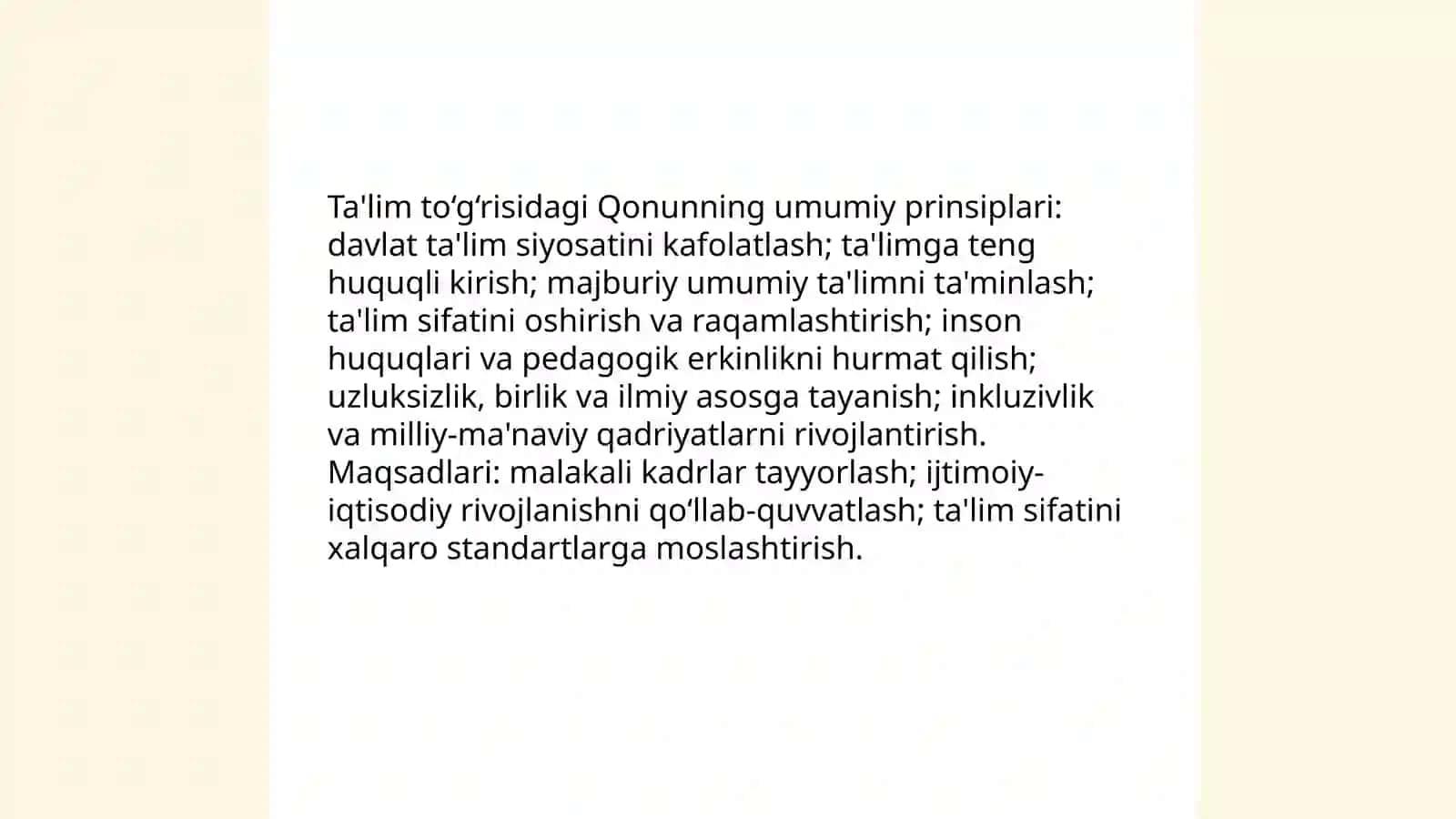 O‘zbekiston Respublikasining ta’lim sohasidagi qonun hujjatlarini (“Ta’lim to‘g‘risida”gi va “Pedagogning maqomi to‘g‘risida”) 3
