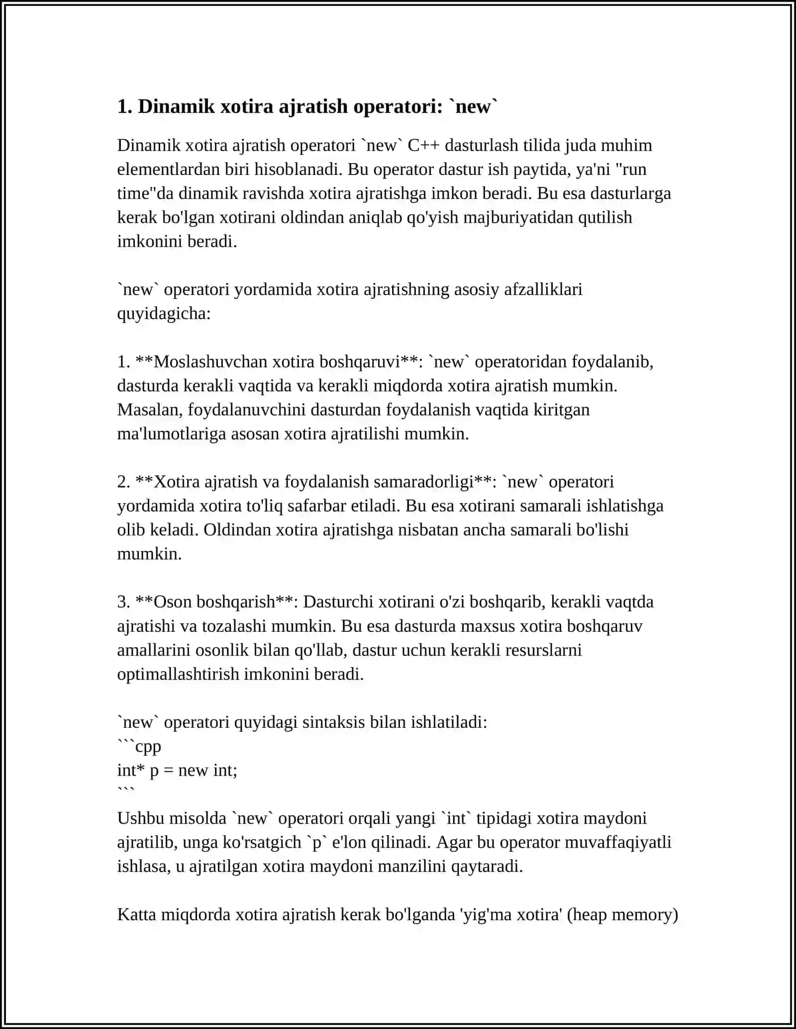 C++ DASTURLASH TILIDA XOTIRANI AJRATILGAN QISMINI BO‘SHATISH UCHUN UCHUN QAYSI OPERATORDAN FOYDALANISH MUMKIN? 3