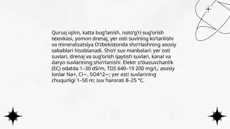 Oʻzbekistonda shoʻrlashning sabablari va shoʻr suv manbalarining xarakteristikasi 3