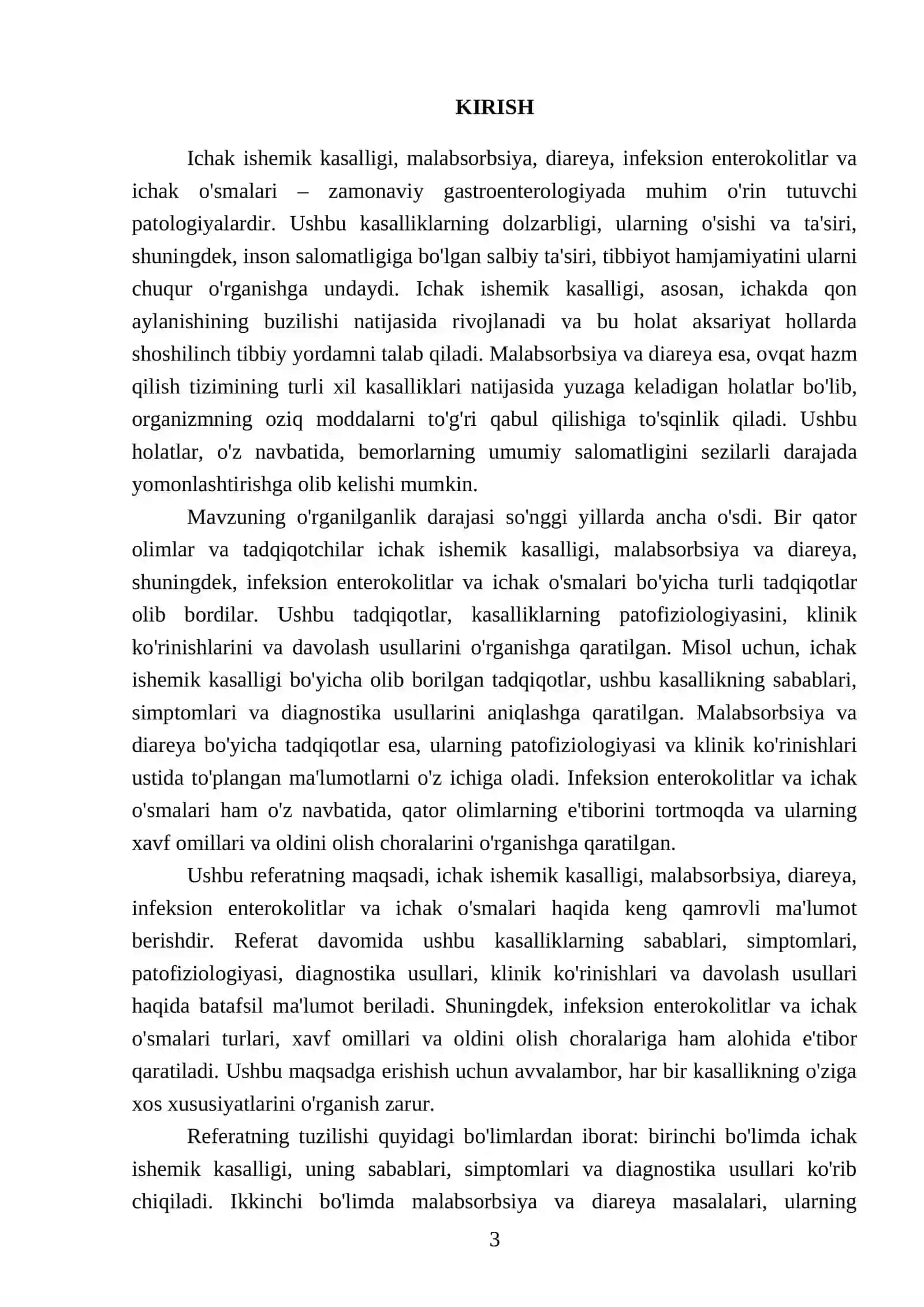 Ichak ishemik kasalligi. Malabsorbsiya va diareya. Infeksion enterokolitlar, ichak o'smalari 3