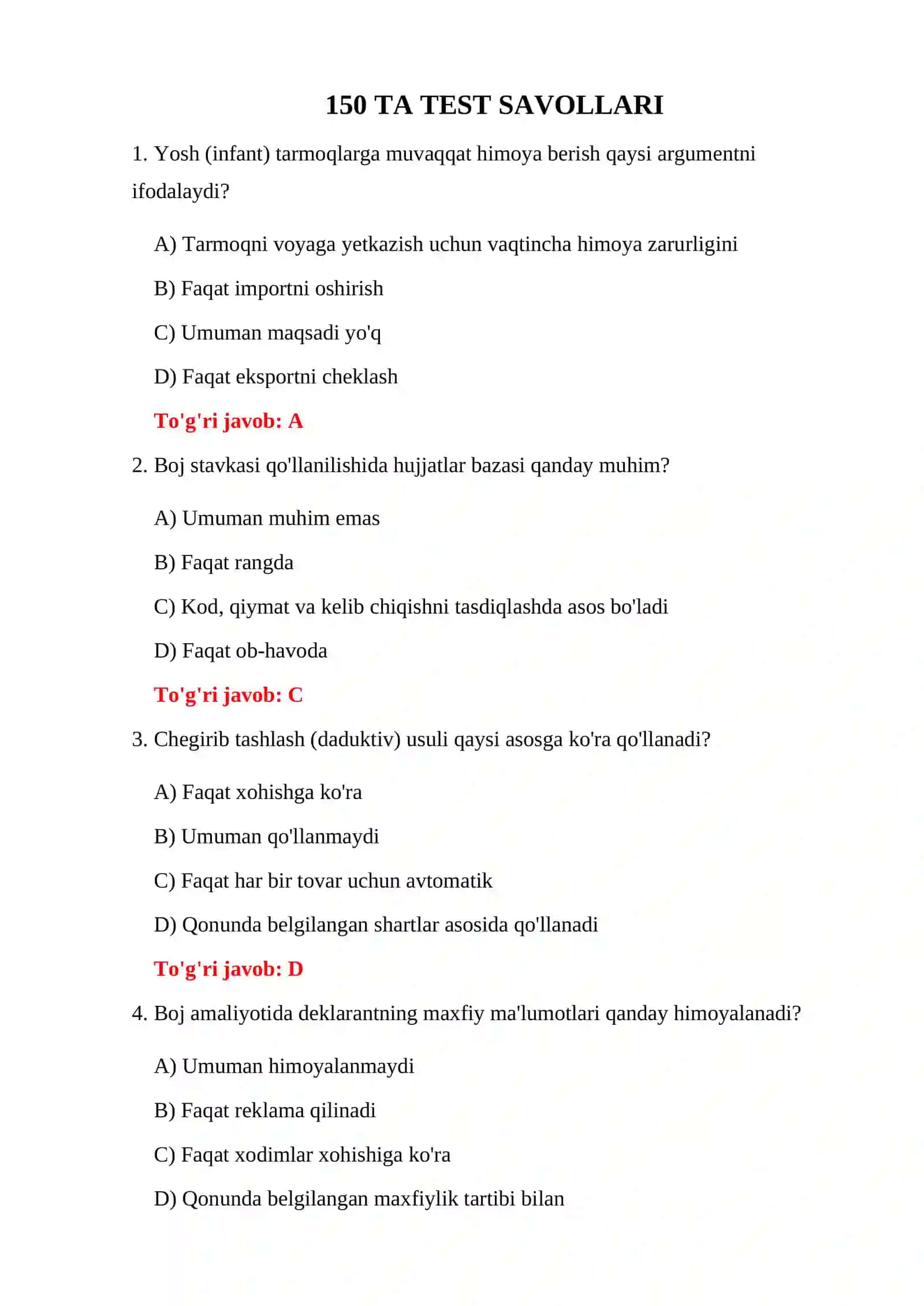 BOJXONA TARIF STAVKALARI TESTLARI 3