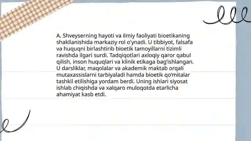 A. Shveyserning bioetika faoliyati 3