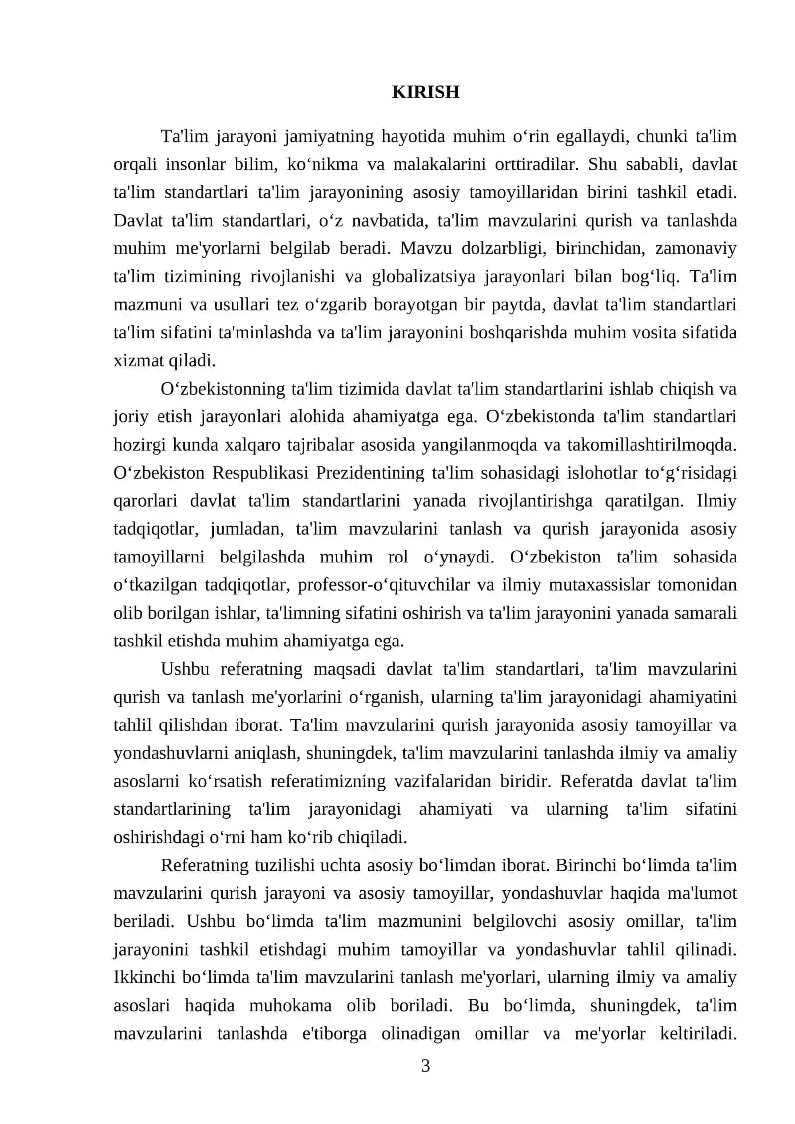Davlat ta'lim standart. Ta'lim mavzuni qurish Va tanlash meyorlari 3