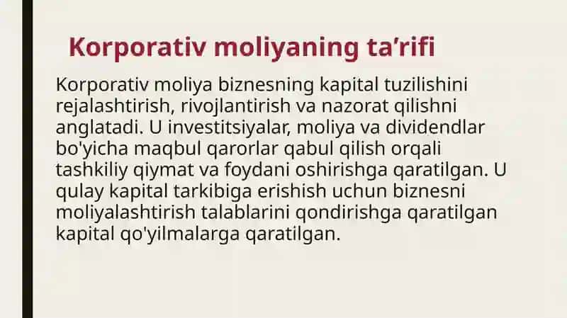 Korporativ moliya ta'rifining o'rganish-usullari 3