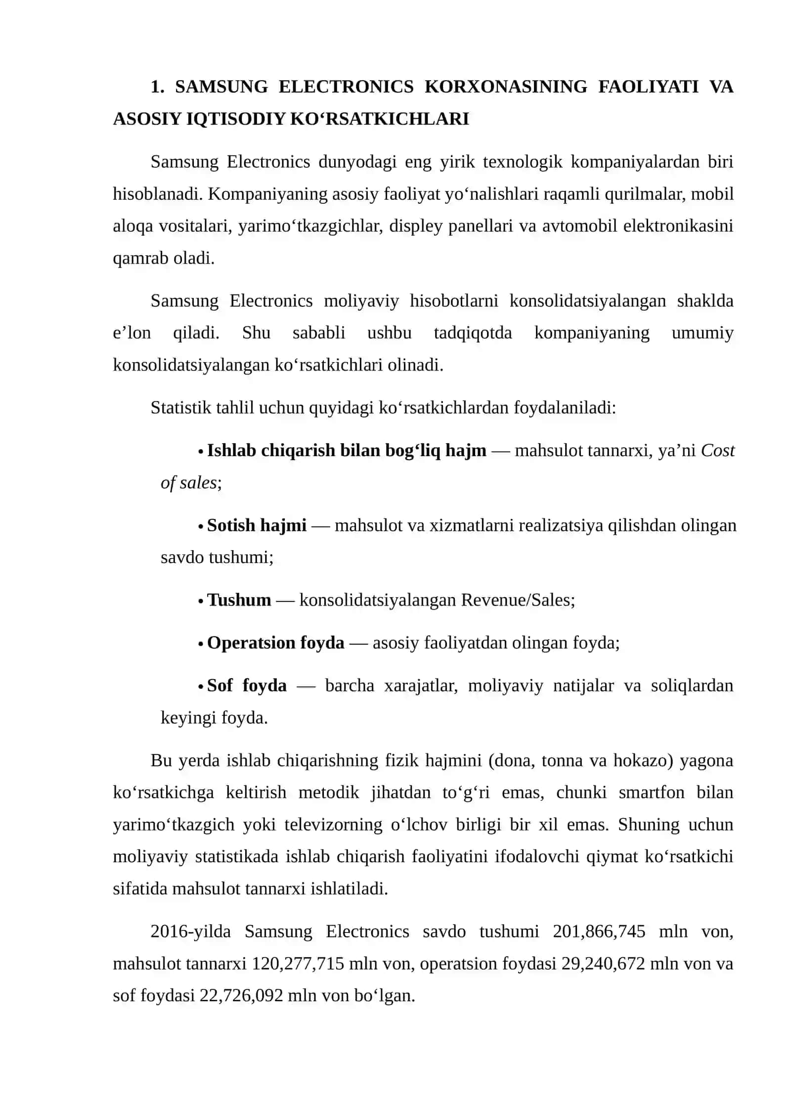 Samsung Electronics korxonasining 2016–2026-yillardagi mahsulot ishlab chiqarish hajmi, sotish hajmi, tushum va foydasi o‘rtasidagi bog‘liqlikni dinamik qatorlar asosida tahlil qilish 3