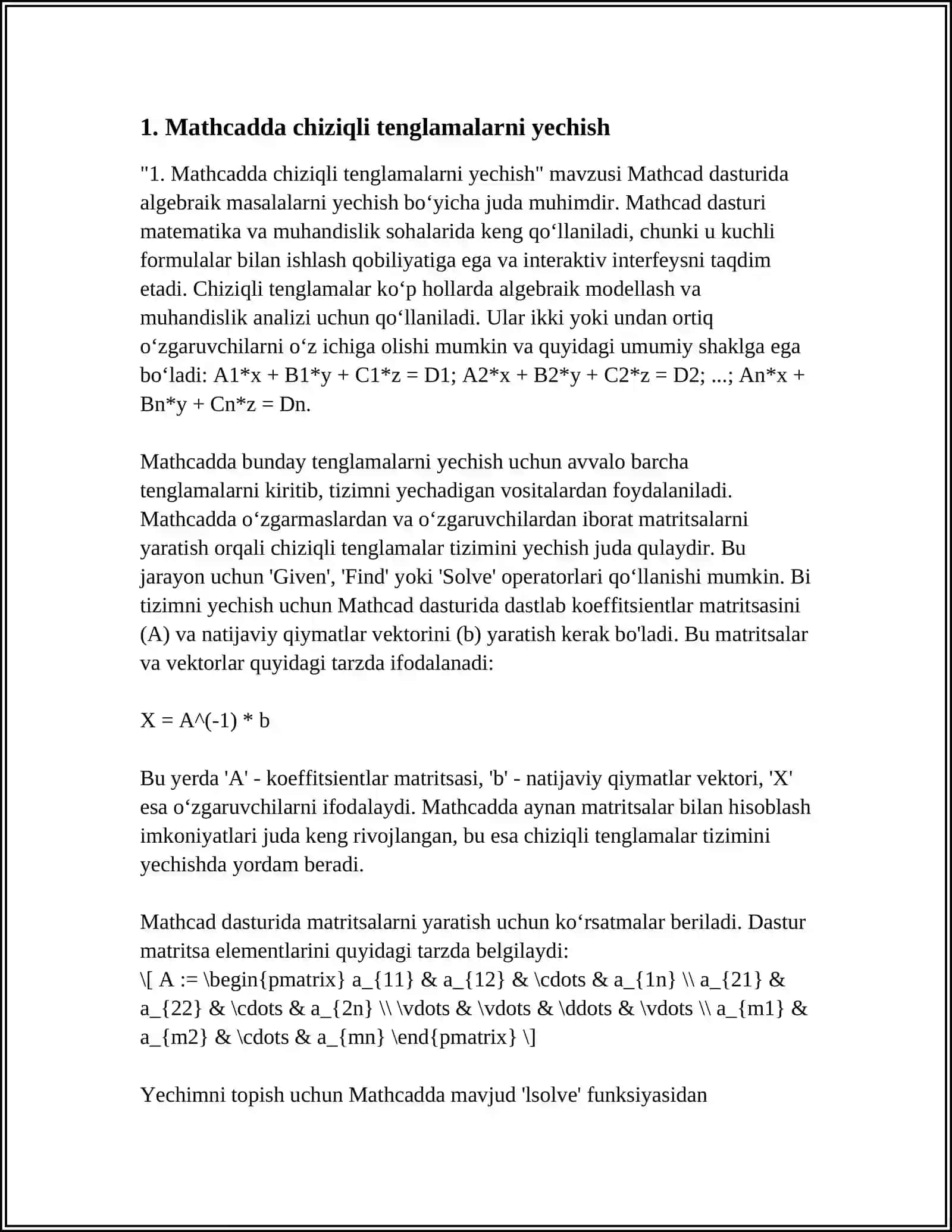 MATHCADDA ALGEBRA MASALALARINI MASALALARNI YECHISH 3