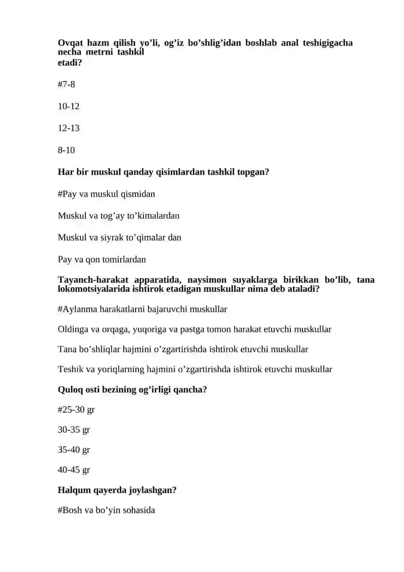 “ODAM ANATOMIYASI” FANIDAN TEST SAVOLLARI 3