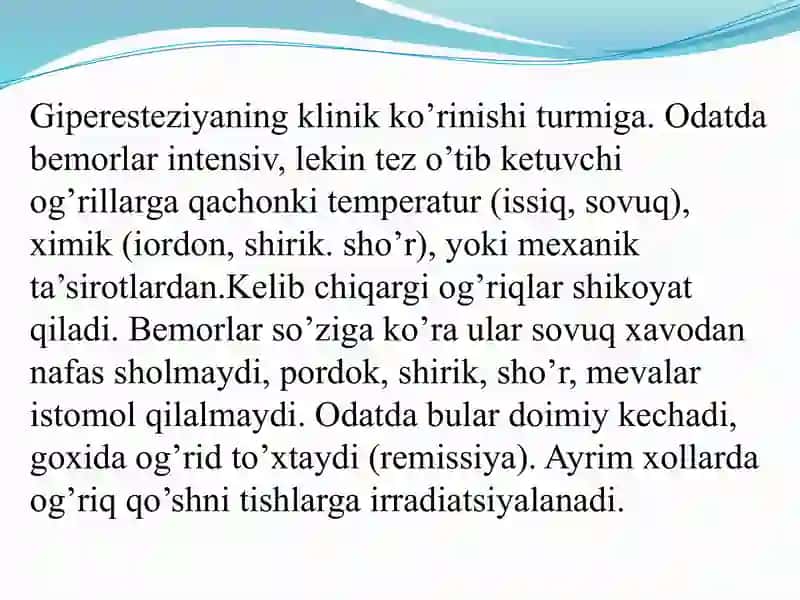 Tish chiqqandan keyin paydo bo’ladigan nokariyes kasalliklar. Giperesteziya, patologik yemirilish. Tasnifi, klinikasi, tashxislash va qiyosiy tashxislash. 3