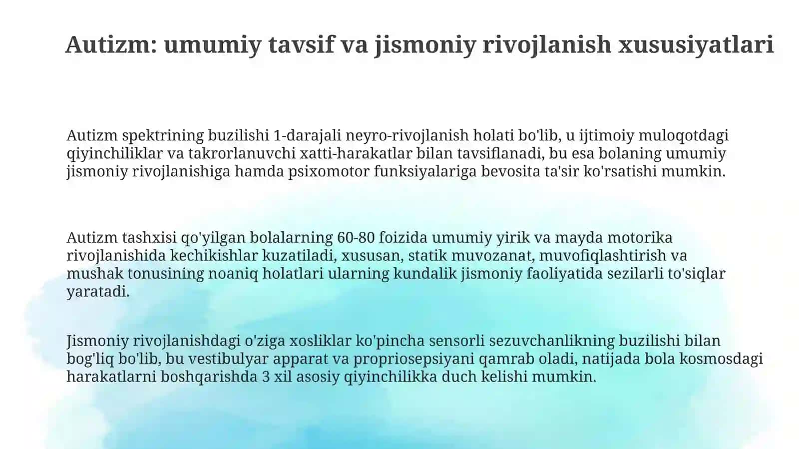 Autizmlibolalardajismoniyrivojlanishvamoslashuvchanjismoniytarbiyadasturlari 3