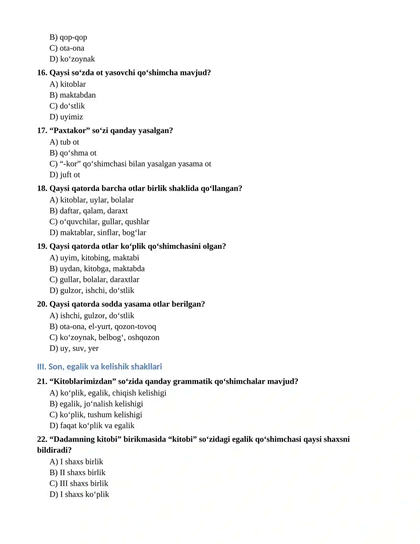 Ot soʻz turkumi testlar umumiy 3
