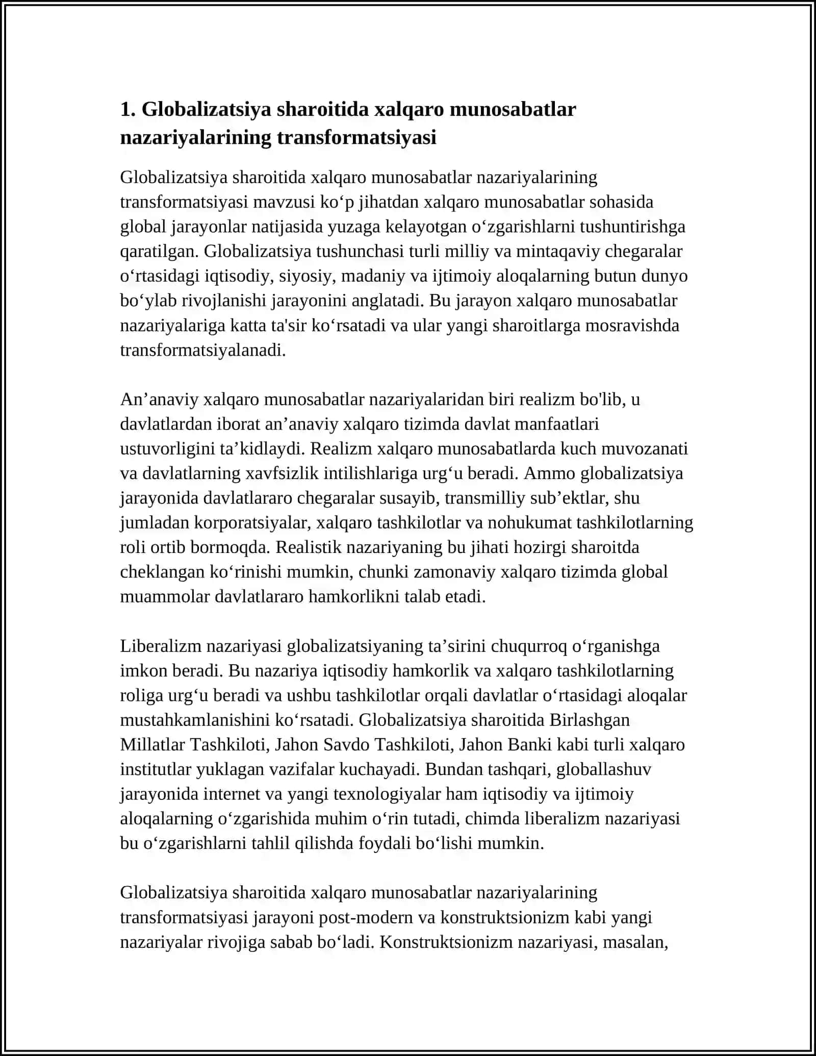 GLOBALIZATSIYA SHAROITIDA XALQARO MUNOSABATLAR KONSEPSIYALARINING TRANSFORMATSIYASI 3