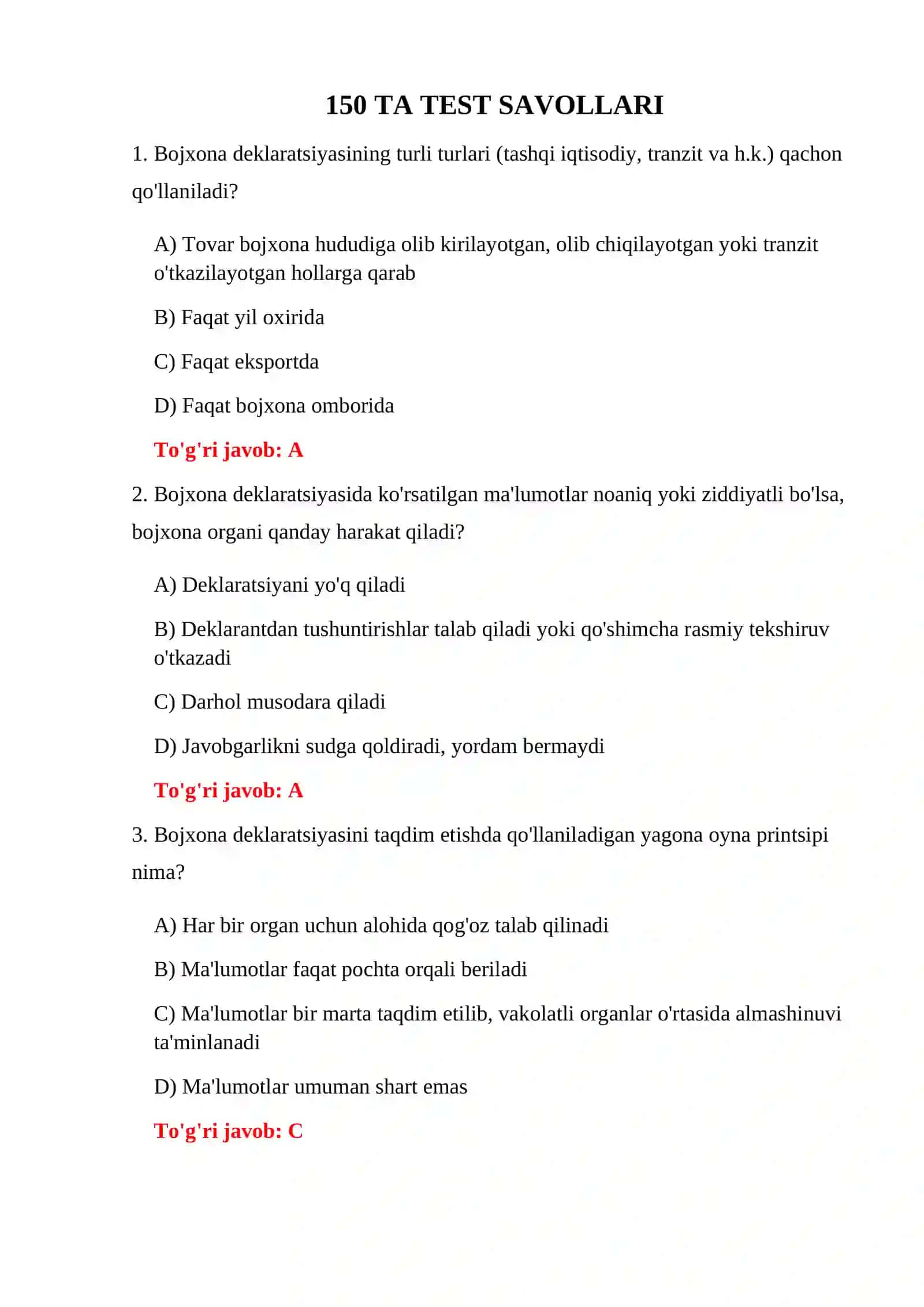 BOJXONA DEKLARATSIYASI IMTIHON SAVOLLARI 3