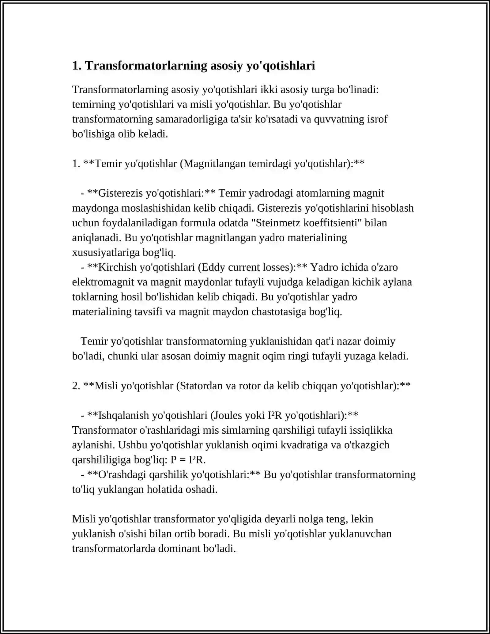 MUSTAQIL ISH Mavzu: TRANSFORMATORDA KUCHLARNING YO'QOLISHI 3