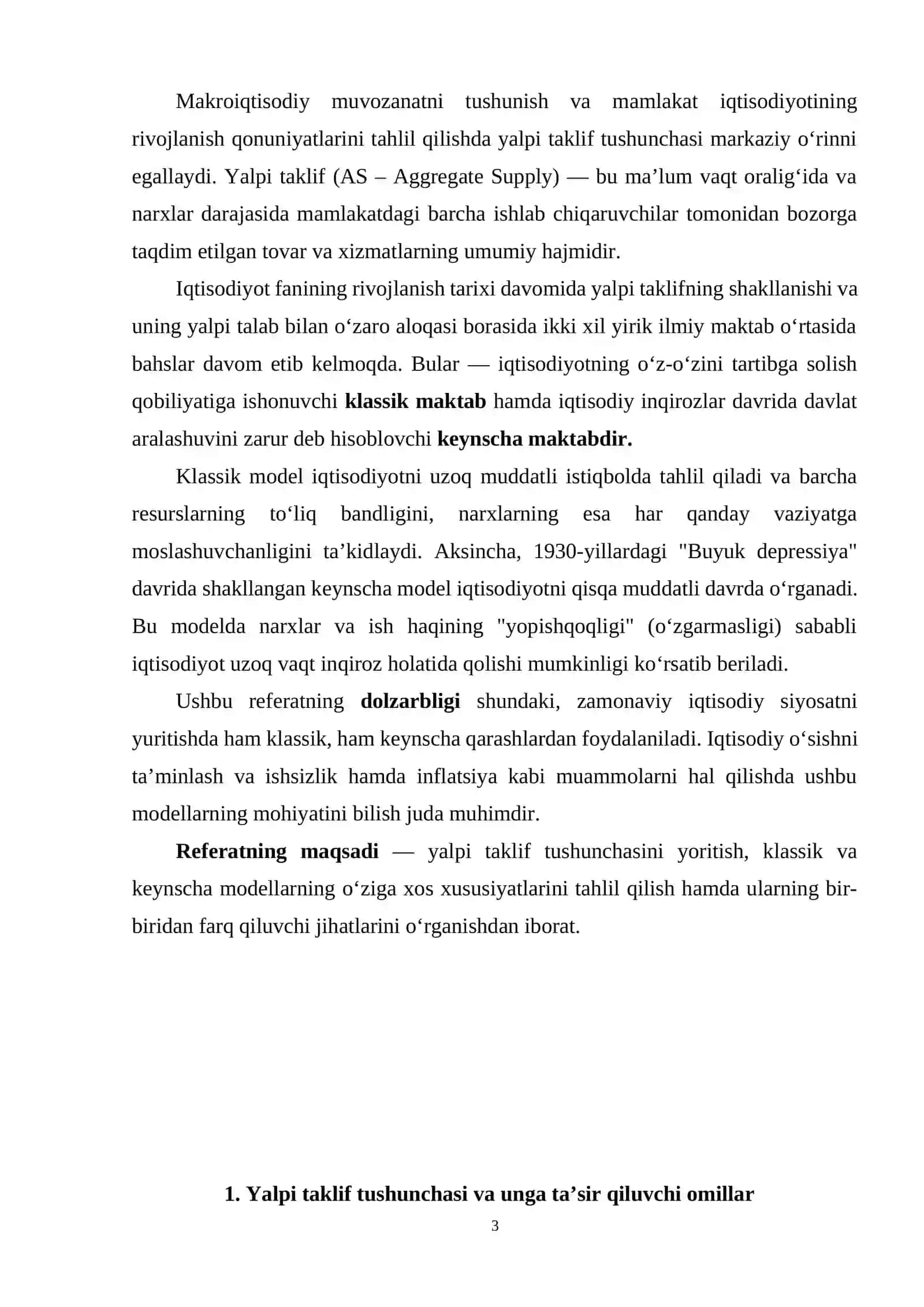 YAlpi taklifning klassik modeli. YAlpi taklifning keynscha modeli 3