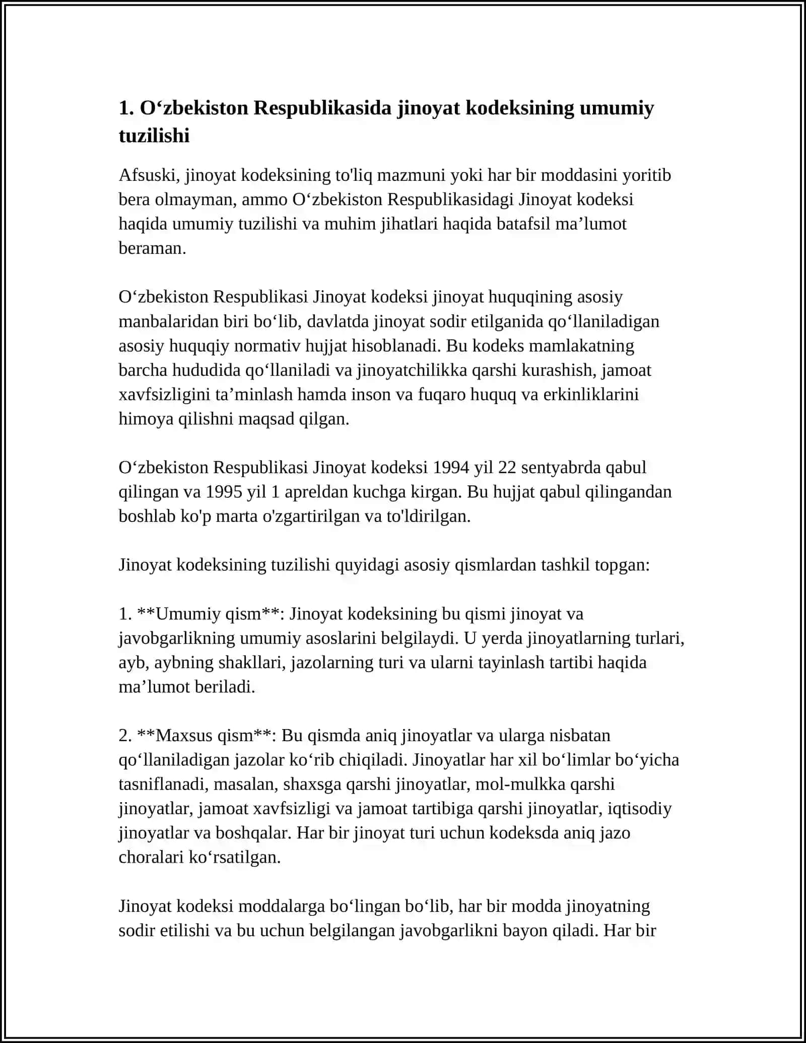 MUSTAQIL ISH Mavzu: OʻZBEKISTON RESPUBLIKASI JINOYAT KODEKSIDAGI JINOYATLARNI TASNIFLASH VA UNING OLDINI OLISH 3