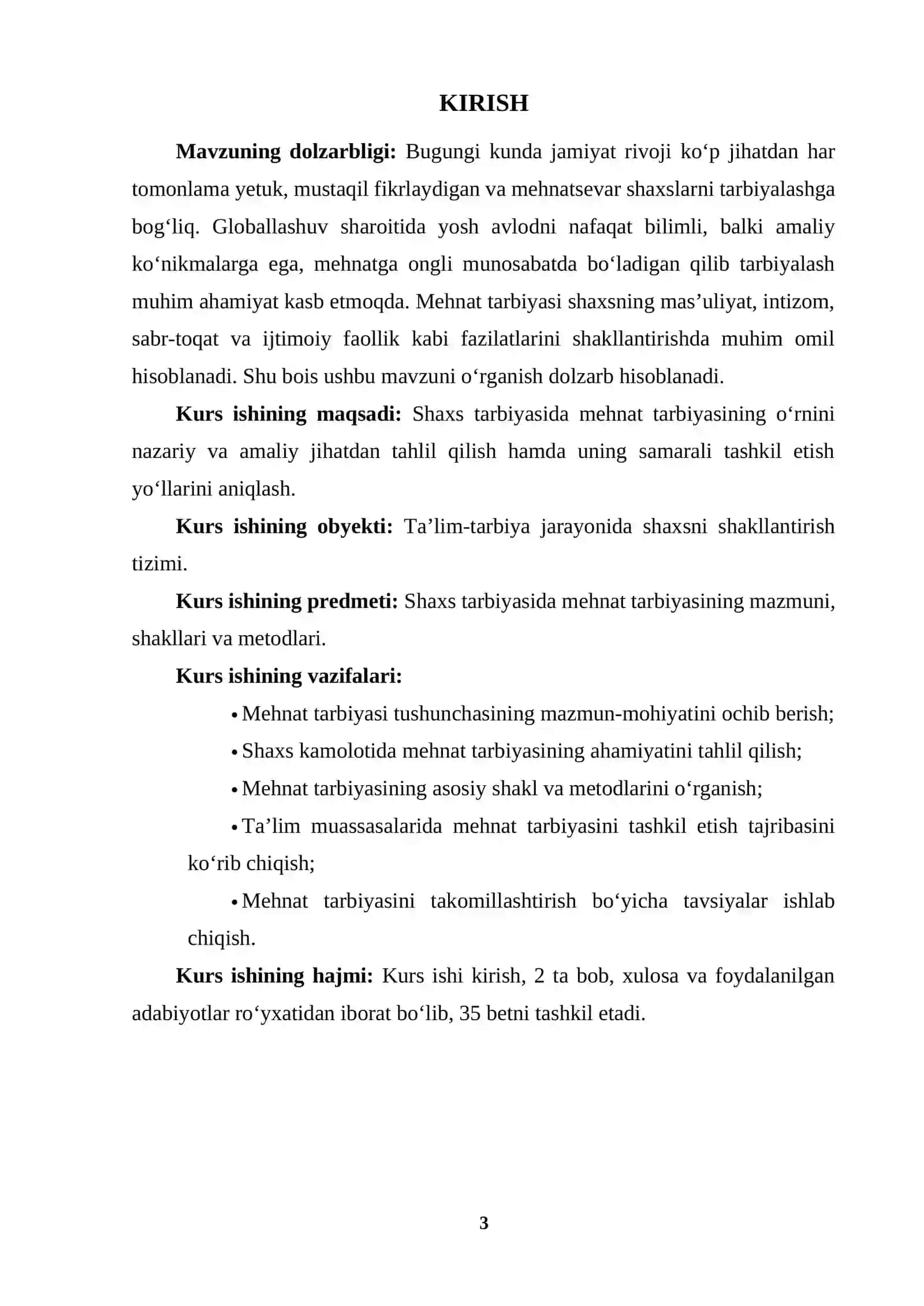 SHAXS TARBIYASIDA MEHNAT TARBIYASINING O’RNI MAVZUSIDA YOZGAN KURS ISHI 3