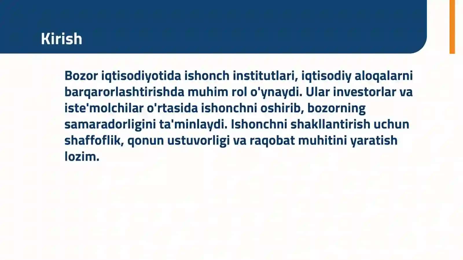 Maʼmun universiteti iqtisodiyot 22- 1 iqtisodiyot i Jobborganova Bibixonim Akmal qizning,, institutsional iqtisodiyot ʼʼ fanidan,, Bozor iqtisodiyotida ishonch insitutining ahamiyati va uni shakllantirish mehanizmlari ʼʼ 3