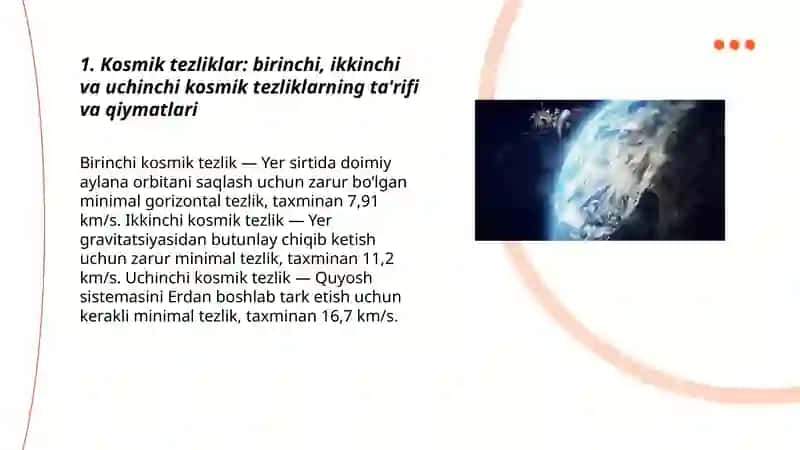 Kosmik tezliklar. Sun'iy yo‘ldoshlar 3