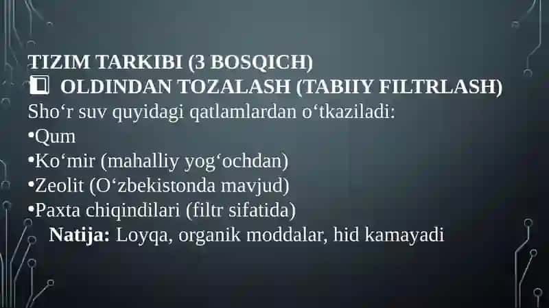 O'zberiston sharoitida sho'r  suvlarni chuchuklashtirish g'oyasini yaratish 3