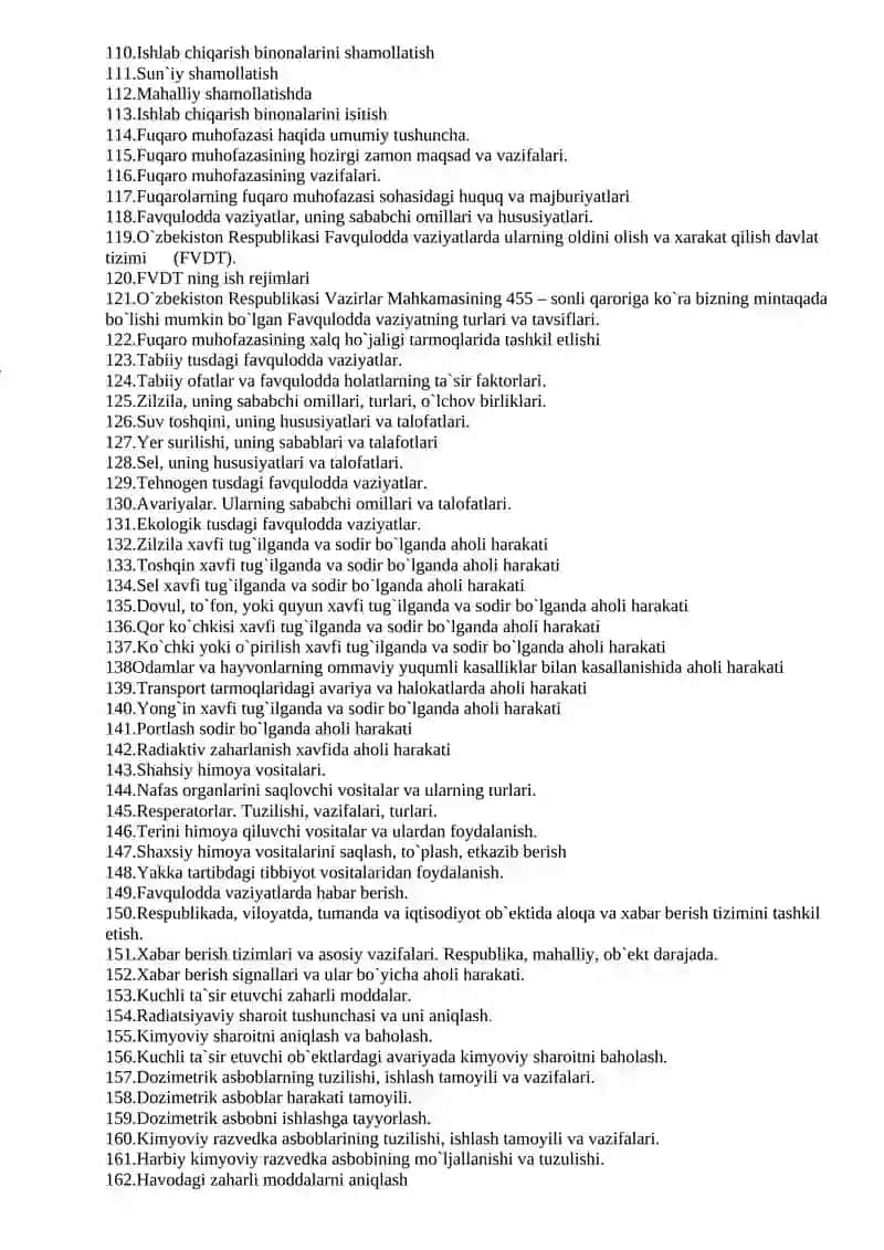 Hayot faoliyati xavfsizligi fanidan on va yn uchun umumiy savollar 3